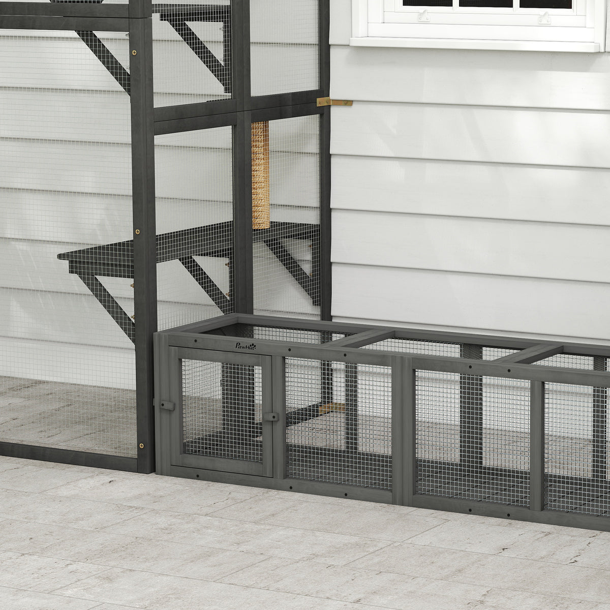 PawHut Outdoor Cat Tunnel, Wooden Play Cat Enclosure, Extendable Pet Run with 3 Doors, for Indoor and Outdoor Use, Grey