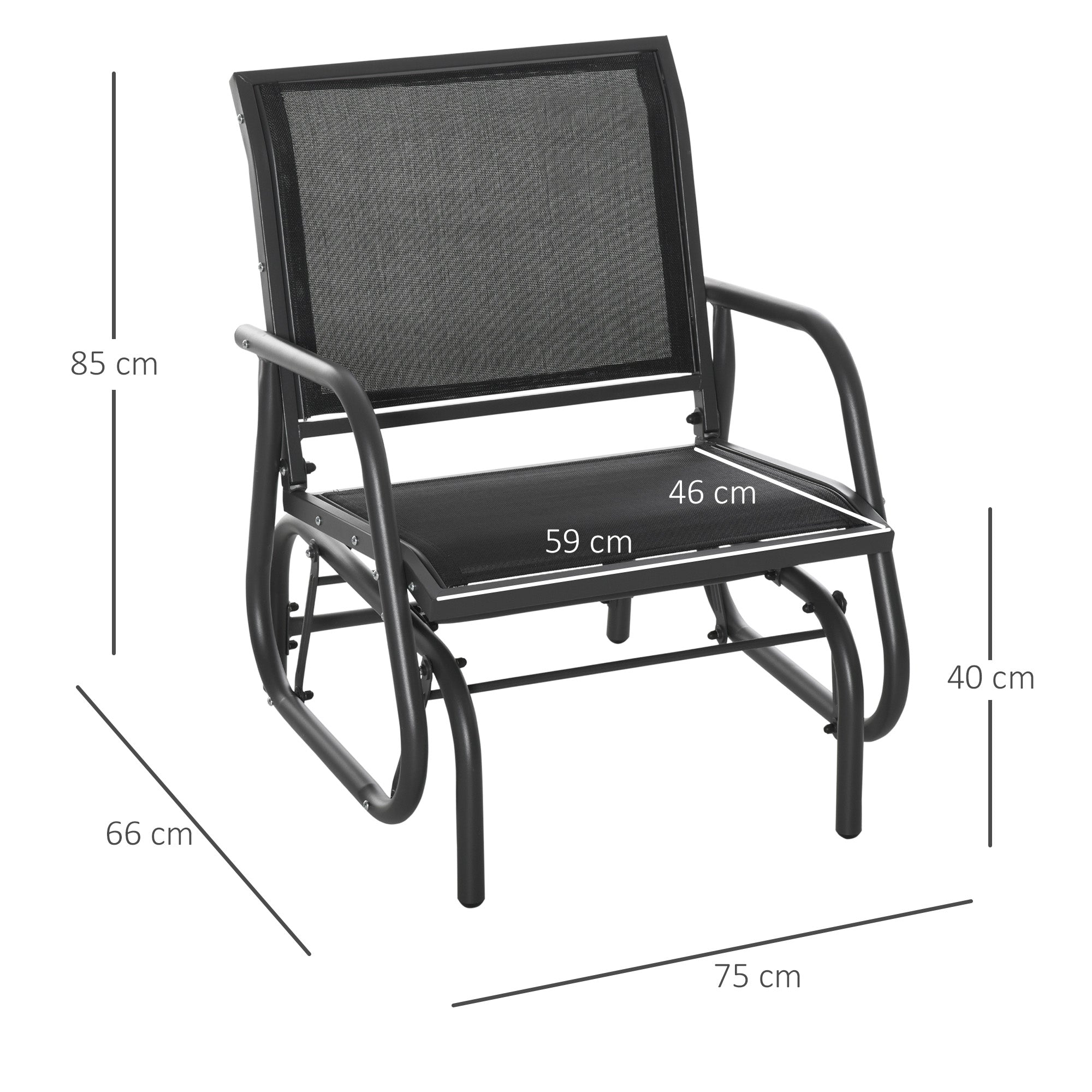 Outsunny Outdoor Gliding Swing Chair Garden Seat w/ Mesh Seat Curved Back Steel Frame Armrests Comfortable Lounge Furniture Dark Grey Black - North Peak Garden Furniture