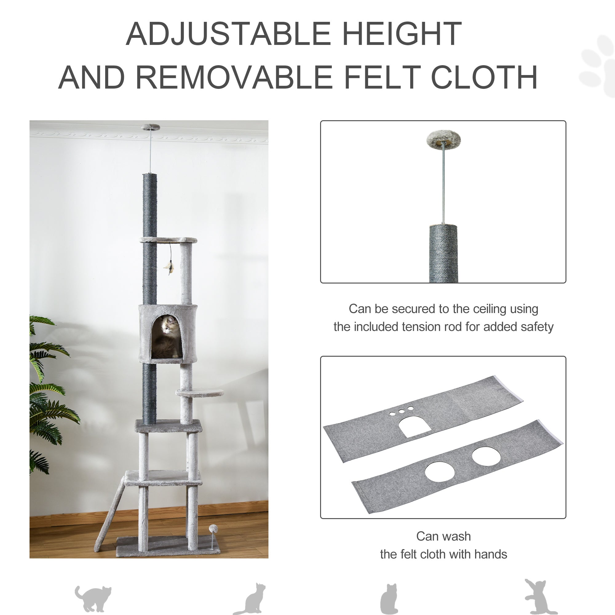 PawHut 255cm Floor To Ceiling Cat Tree for Indoor Cats Climber Scratching Post Adjustable Height Play Tower Removable Cover Grey - North Peak Garden Furniture