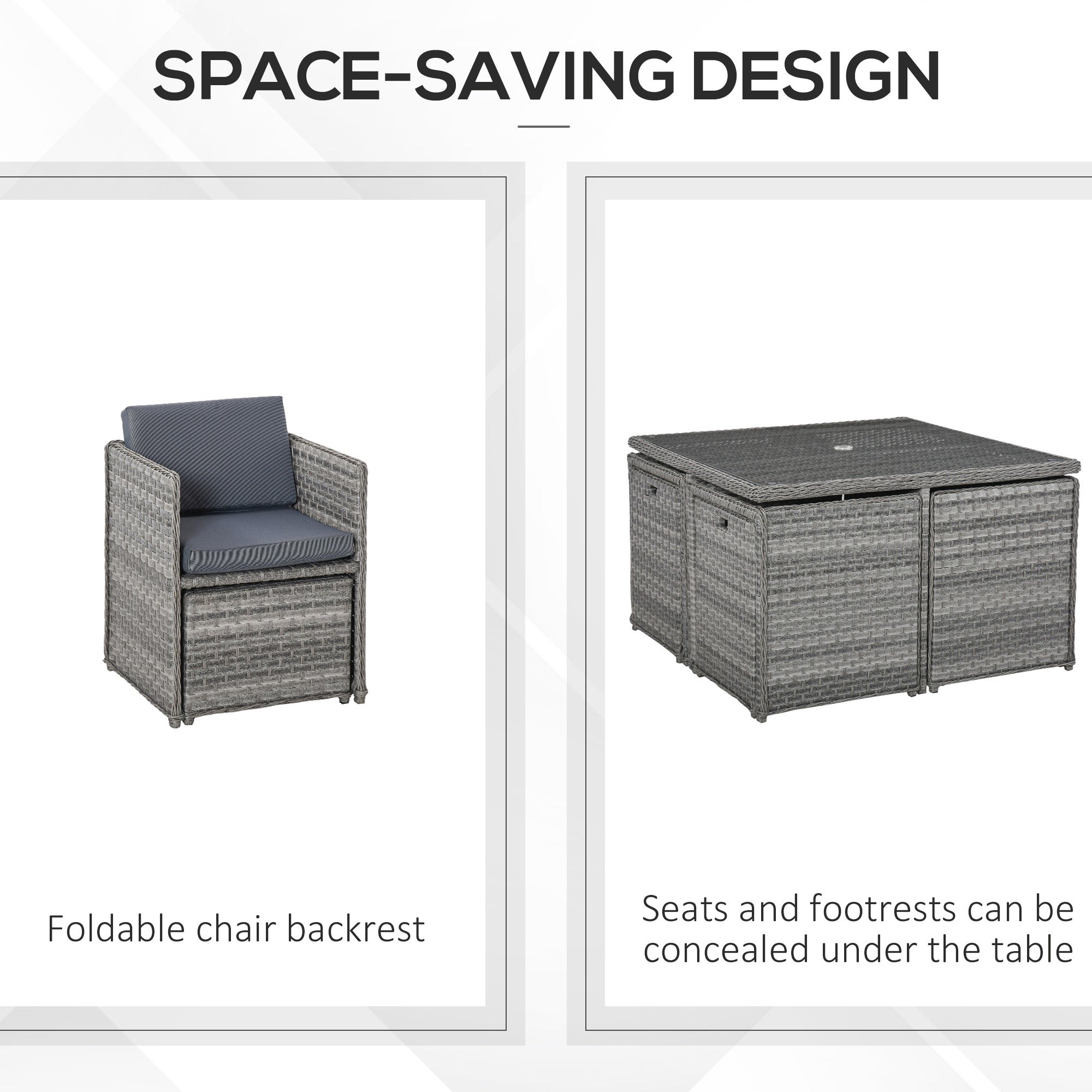 Outsunny 8 Seater Rattan Cube Garden Furniture Set with Parasol Hole, Rattan Dining Set with Cushions, Outdoor Dining Table and Chairs with Square Glass Top Table for Patio, Balcony, Mixed Grey - North Peak Garden Furniture