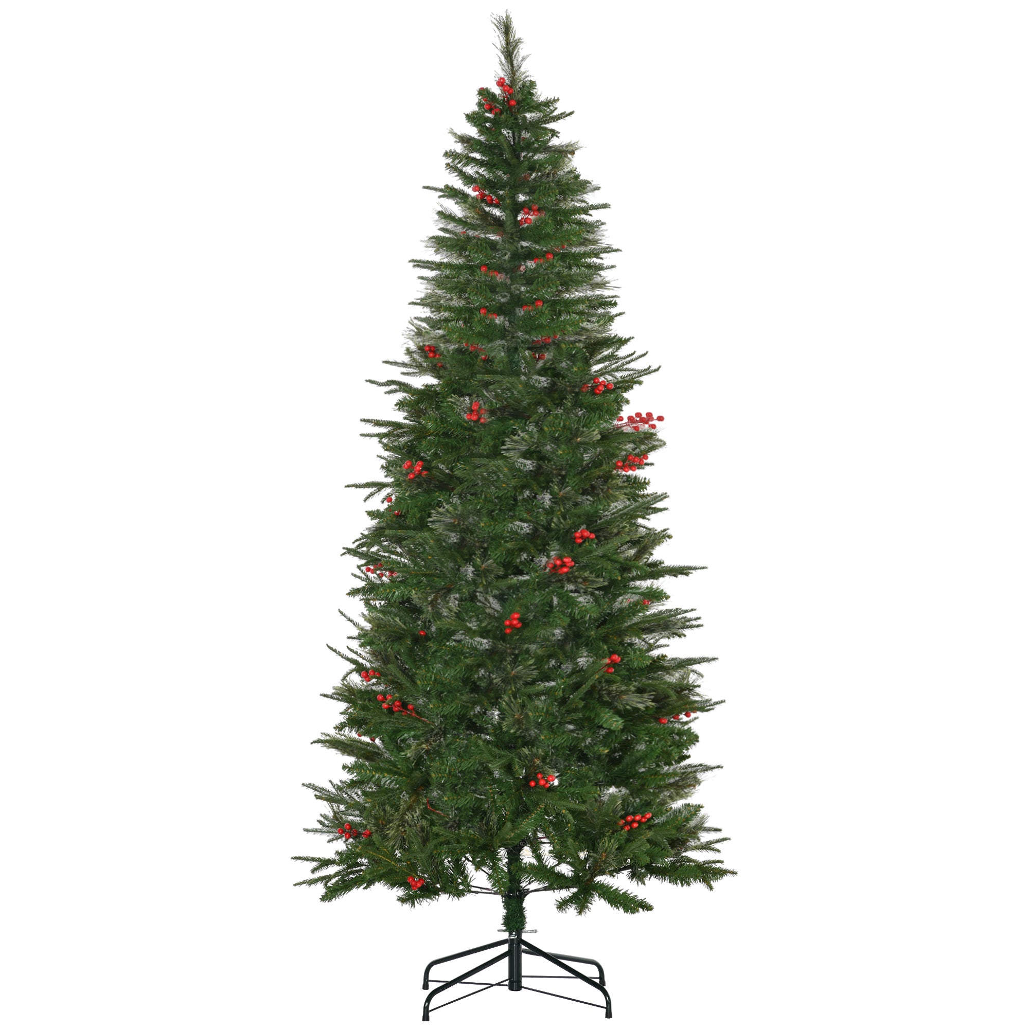 HOMCOM 7ft Pencil Artificial Christmas Tree with Realistic Branches, Red Berries, Auto Open, Green - North Peak Garden Furniture