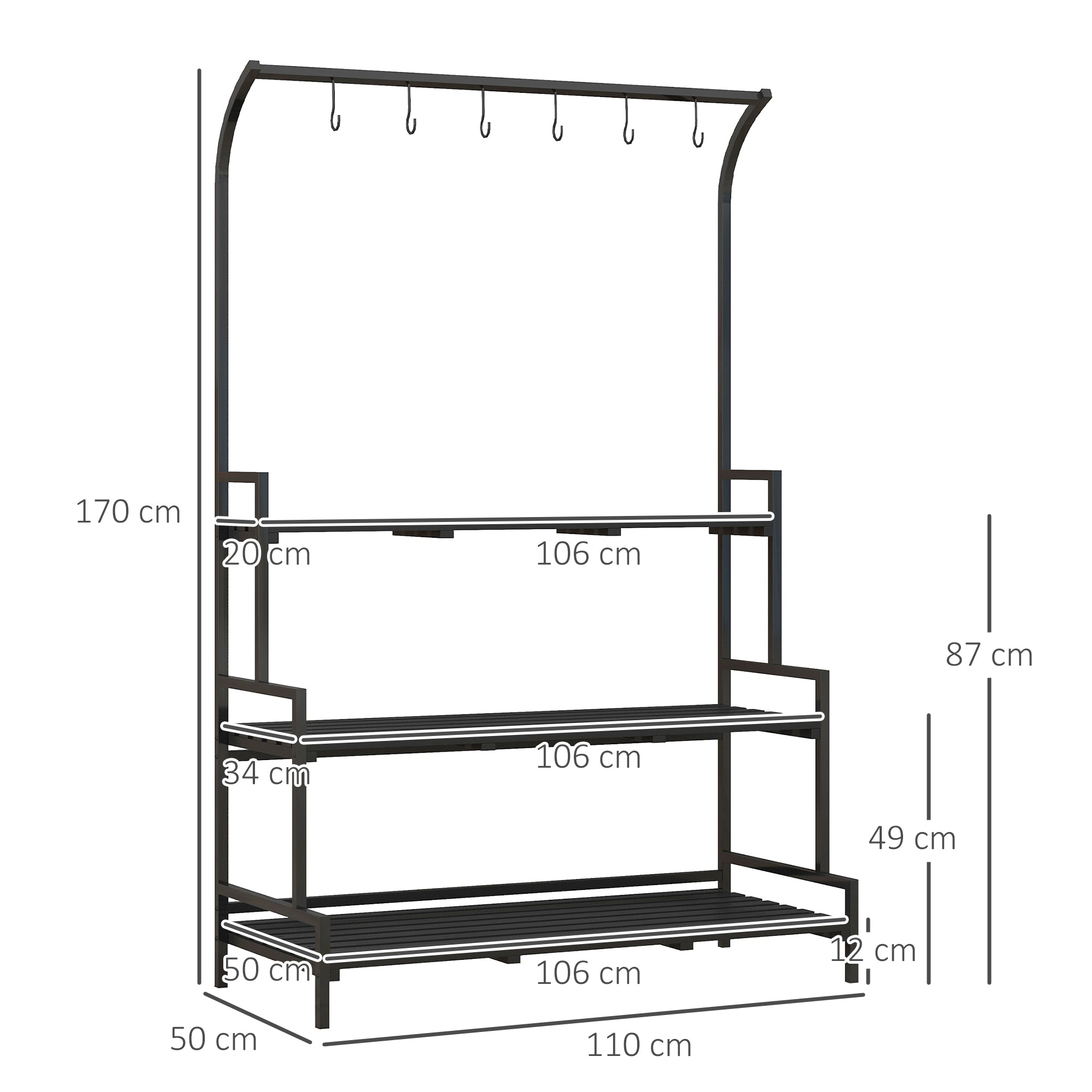 Outsunny 3 Tiered Plant Rack with Hanging Hooks, Tall Plant Stand for Indoor Outdoor Porch Balcony Use, Black - North Peak Garden Furniture