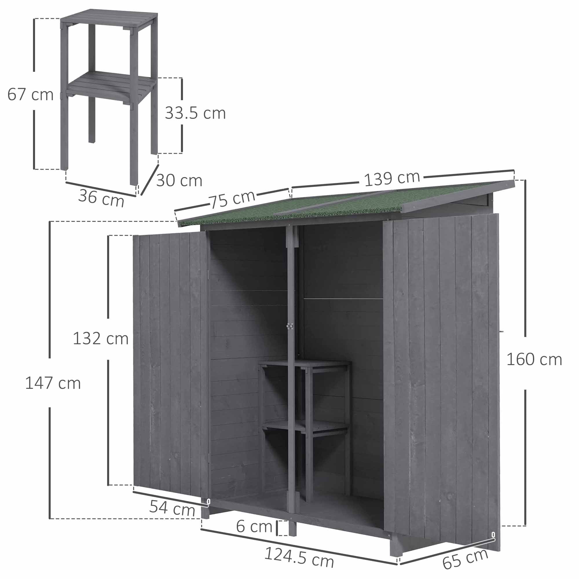 Outsunny 139 x 75 Fir Wood Garden Shed, with Asphalt Roof - Grey - North Peak Garden Furniture