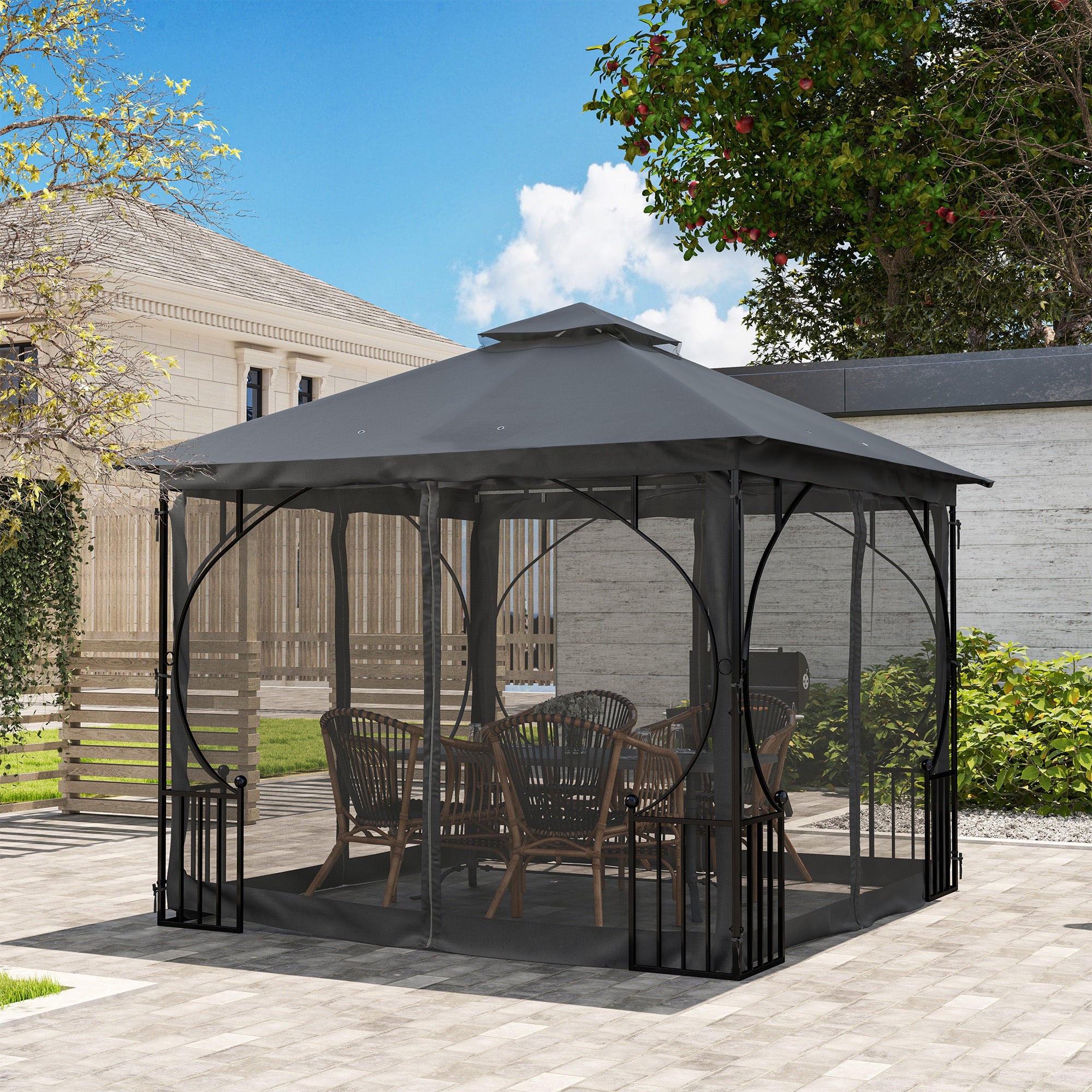 Outsunny 3 x 3(m) Garden Gazebo Patio Party Tent Shelter Outdoor Canopy Double Tier Sun Shade Metal Frame Netting, Dark Grey - North Peak Garden Furniture