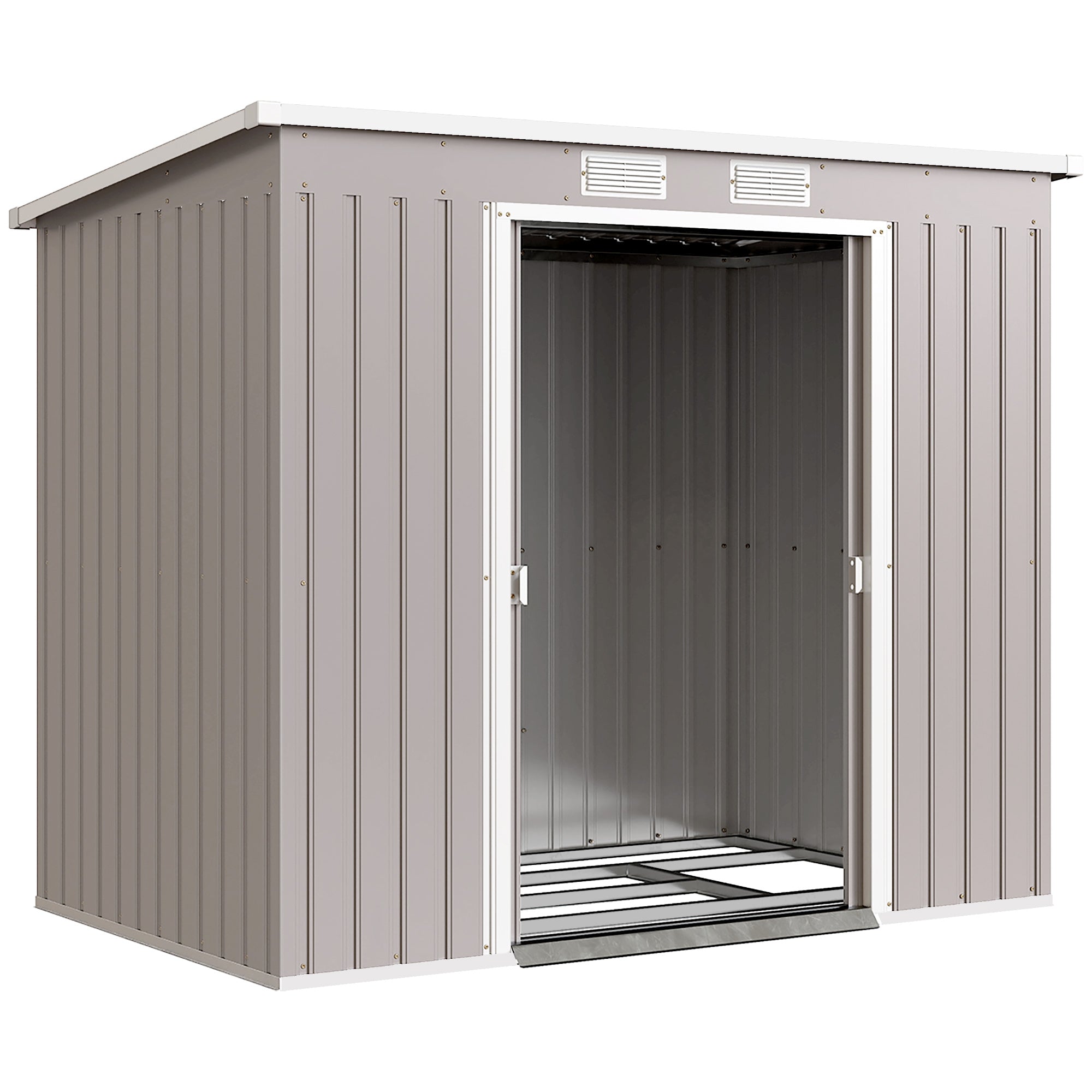 Outsunny Outdoor Lean to Garden Metal Equipment Tool Storage Shed w/ Foundation Kit, Double Door, Vents and Sloped Roof, Grey