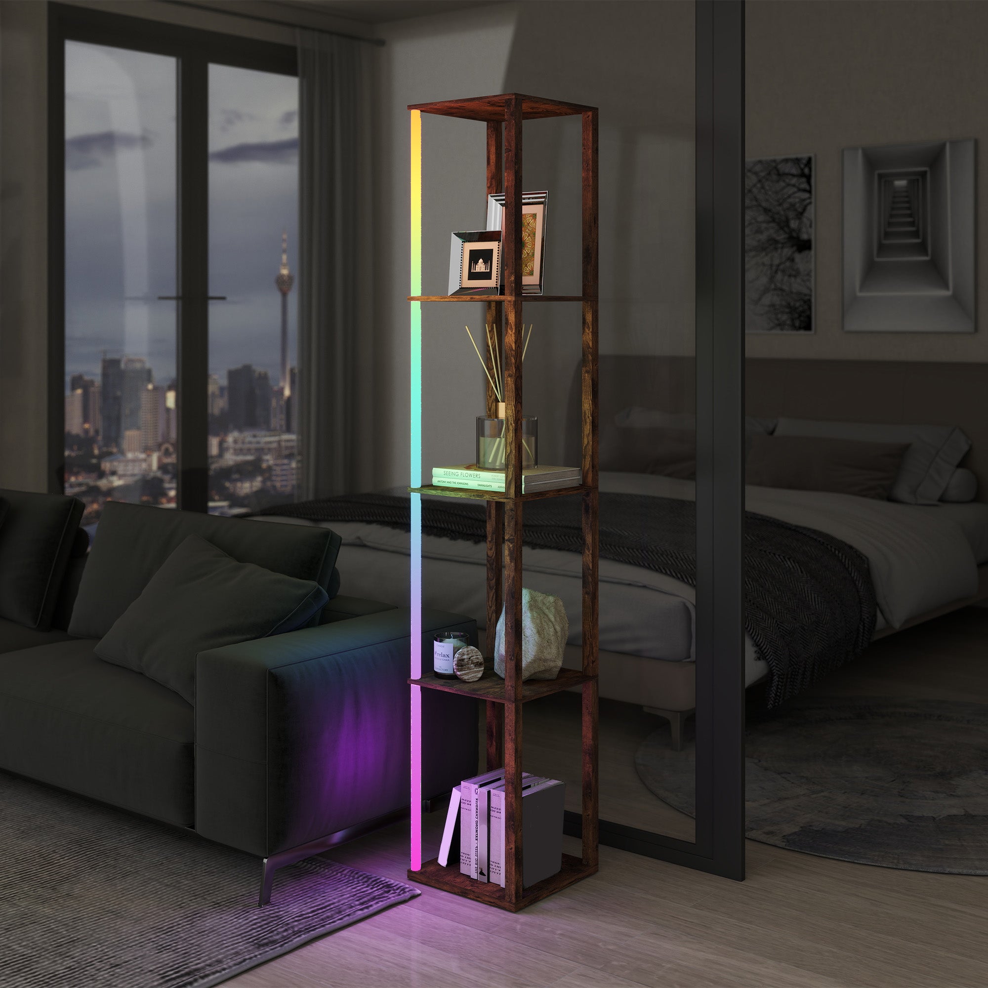 HOMCOM RGB LED Floor Lamp with Shelves, Modern Dimmable Standing Lamp with Remote Control, Adjustable Brightness & Speed for Living Room, Bedroom, Office, Rustic Brown