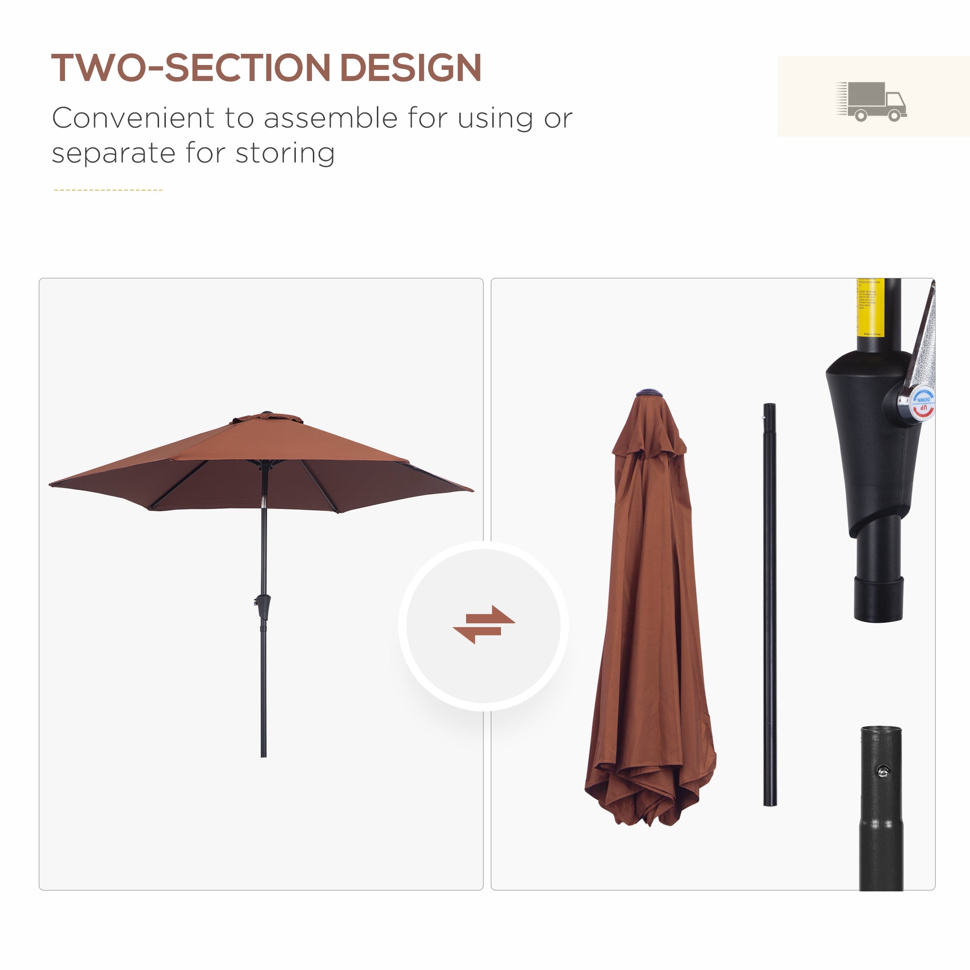 Outsunny 2.6M Garden Parasol Umbrella with Tilt and Crank, Outdoor Sun Parasol Sunshade Shelter with Aluminium Frame, Coffee - North Peak Garden Furniture
