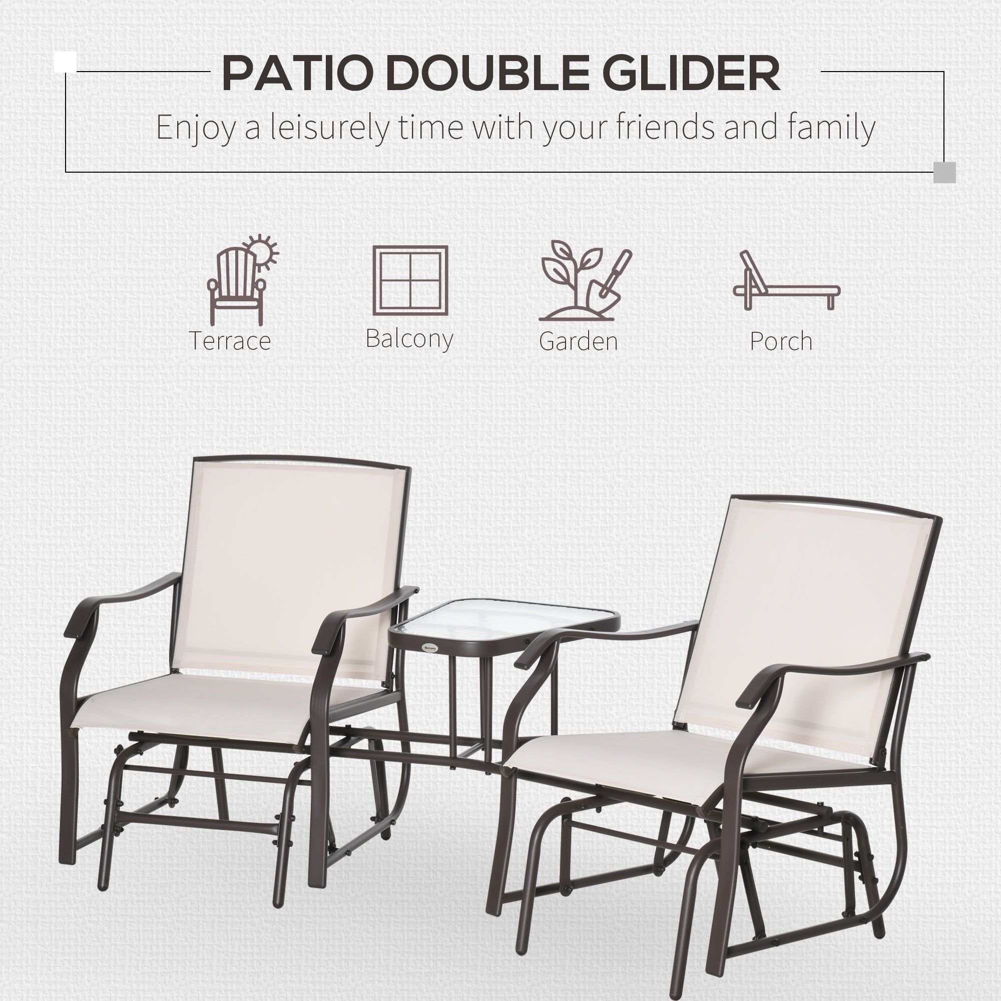 Outsunny Gliding Jack and Jill Seat, with Glass-Top Table - Brown/Beige - North Peak Garden Furniture