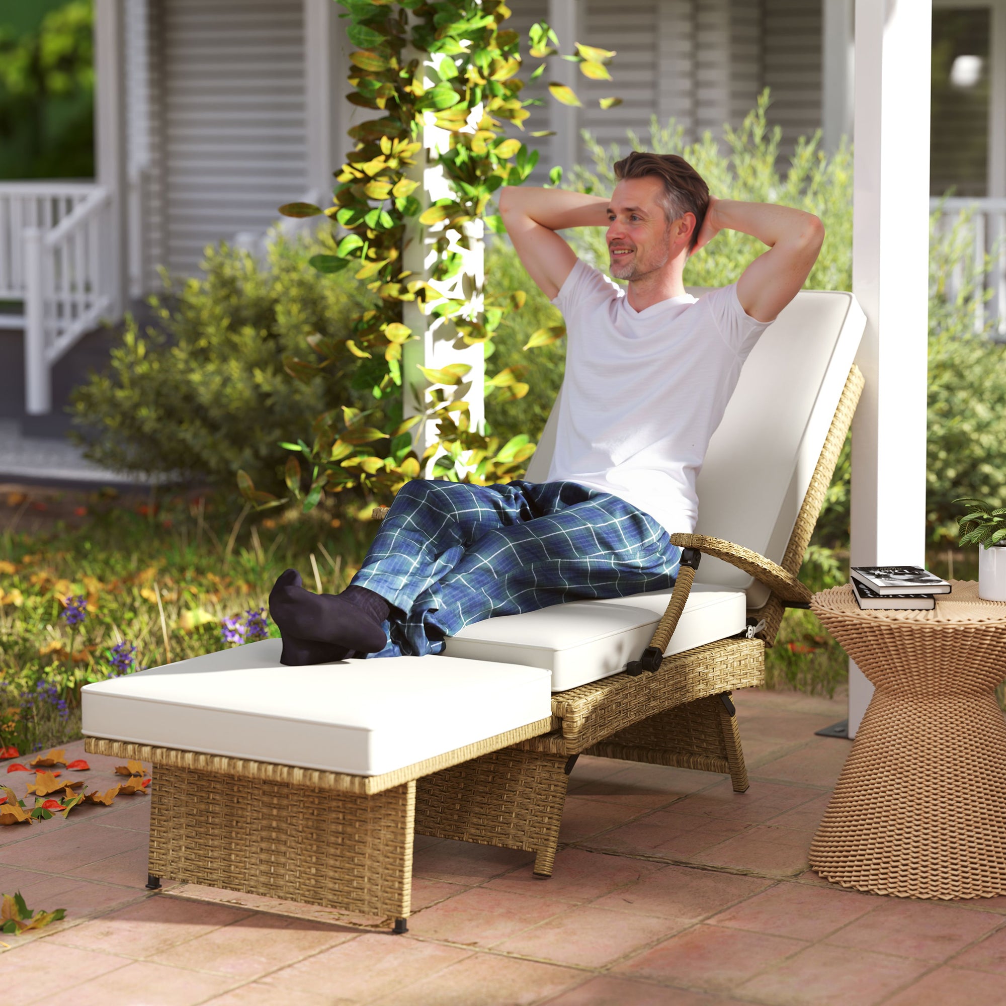 Outsunny 80° Reclining Rattan Lounger - White/Beige - North Peak Garden Furniture