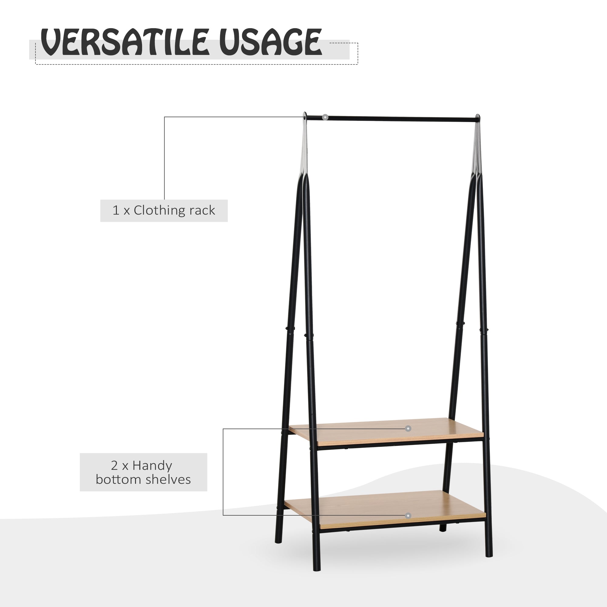 HOMCOM Clothes Rail, Freestanding Metal Clothes Rack with 2 Tier Storage Shelves for Bedroom and Entryway, 64 x 42.5 x 149 cm, Black Frame - North Peak Garden Furniture