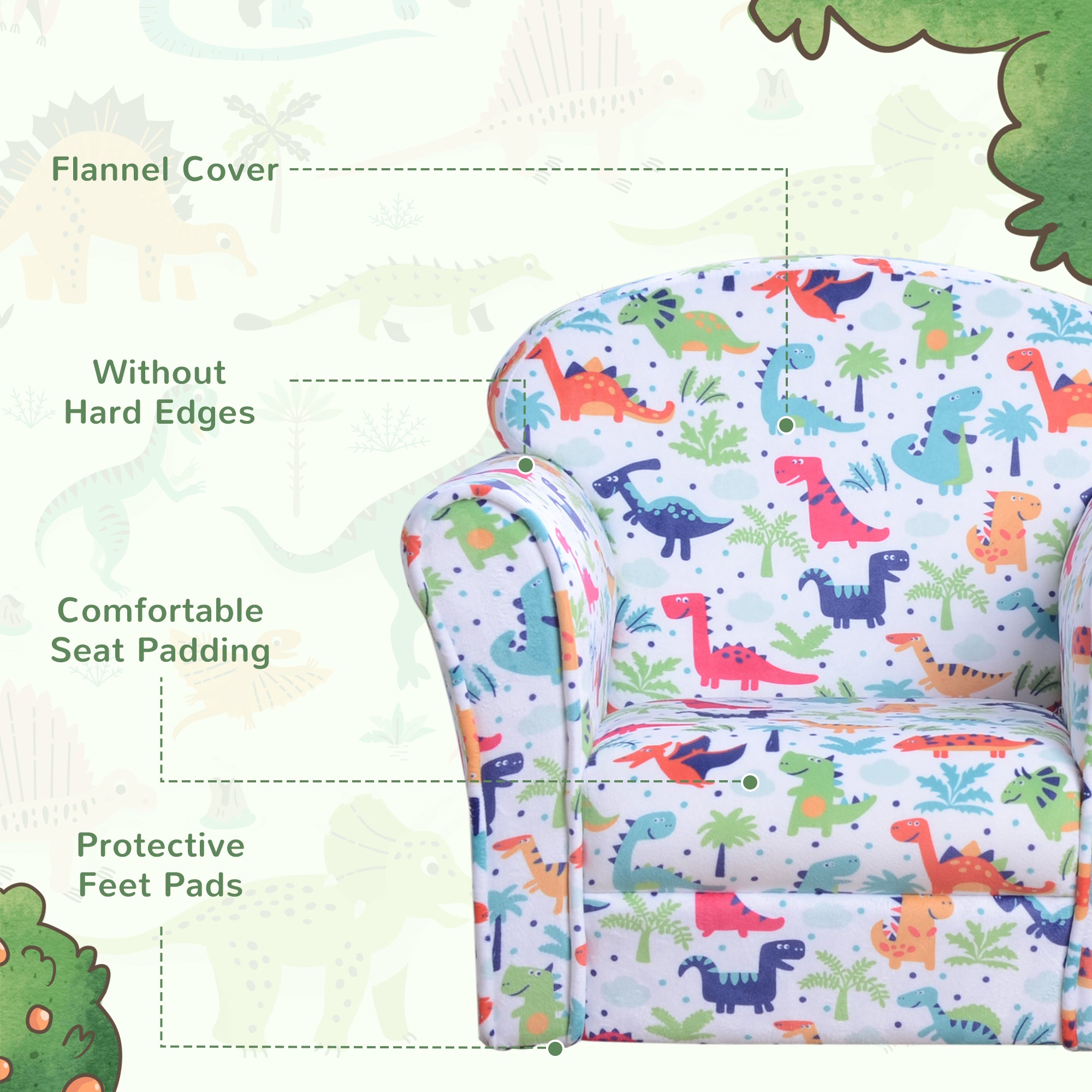 HOMCOM Children Armchair Kids Sofa Tub Chair Seat Cartoon Dinosaur Pattern Bedroom Flannel Wooden Frame Non-slip Playroom Seater - North Peak Garden Furniture