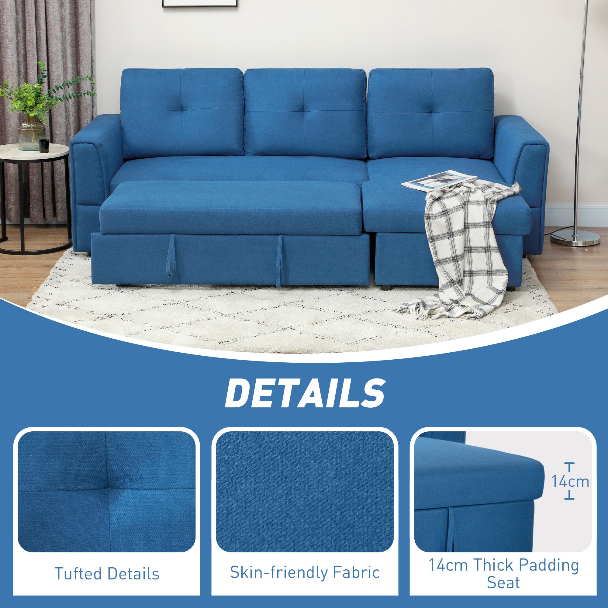 HOMCOM 3 Seater Sofa Bed, L-Shaped Corner Sofa, Pull Out Sofa with Storage, Convertible Click Clack Settee Sectional Sleeper Futon for Living Room, Office, Dark Blue - North Peak Garden Furniture