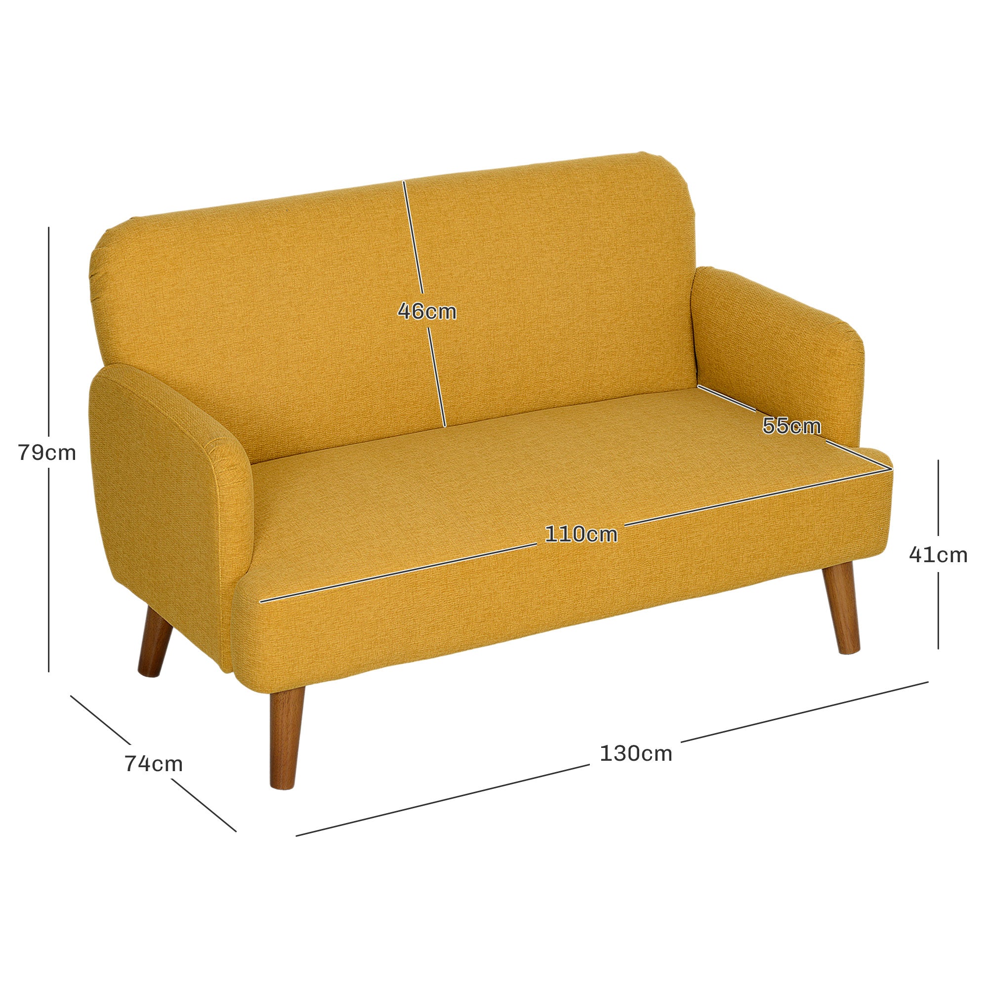 HOMCOM Velvet Feel Fabric 2 Seater Sofa, Small Sofa Loveseat with 21cm Thick Padding and Wood Legs, Yellow - North Peak Garden Furniture