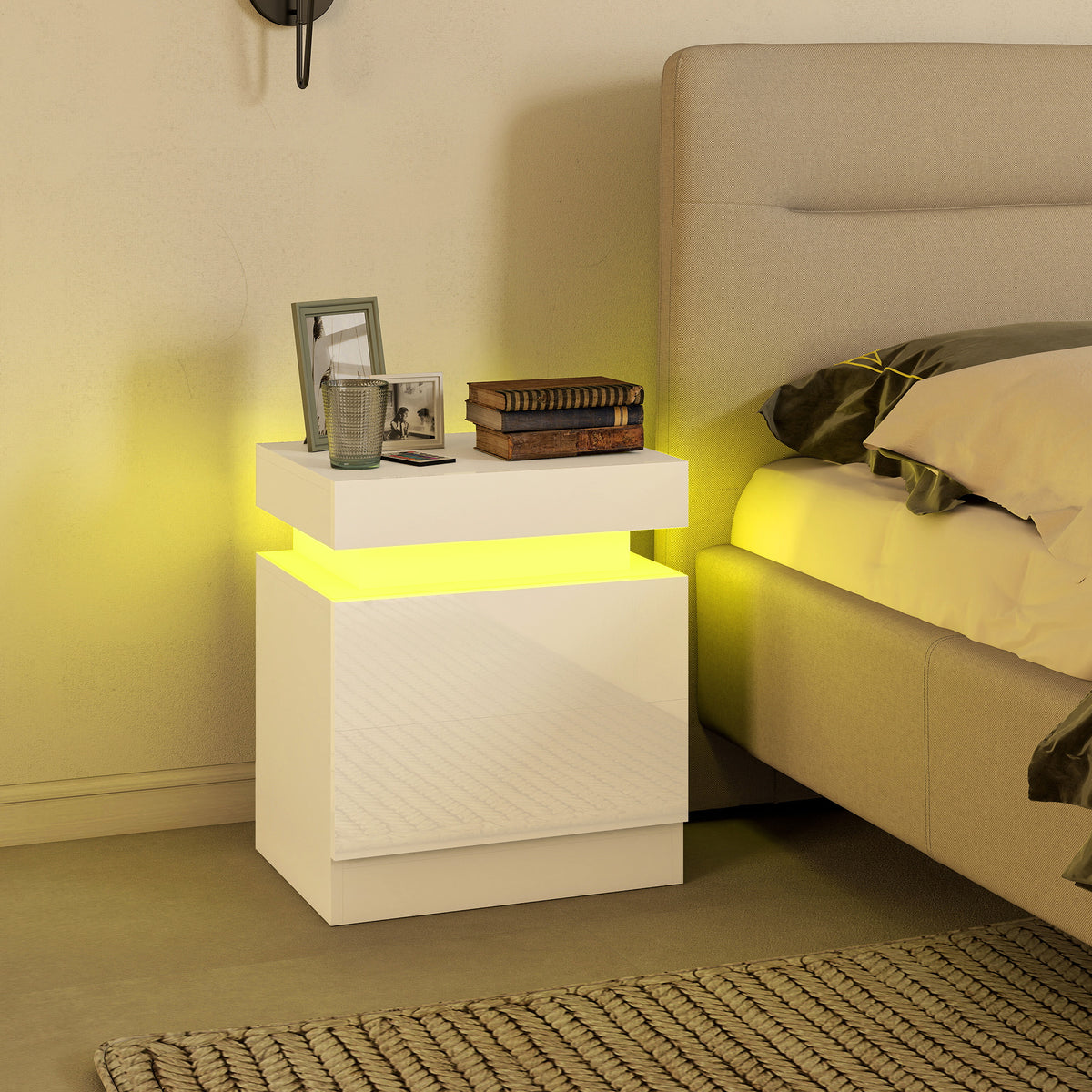 HOMCOM White Bedside Table with LED Light, High Gloss Front Nightstand with 2 Drawers, for Living Room, Bedroom, Set of 2
