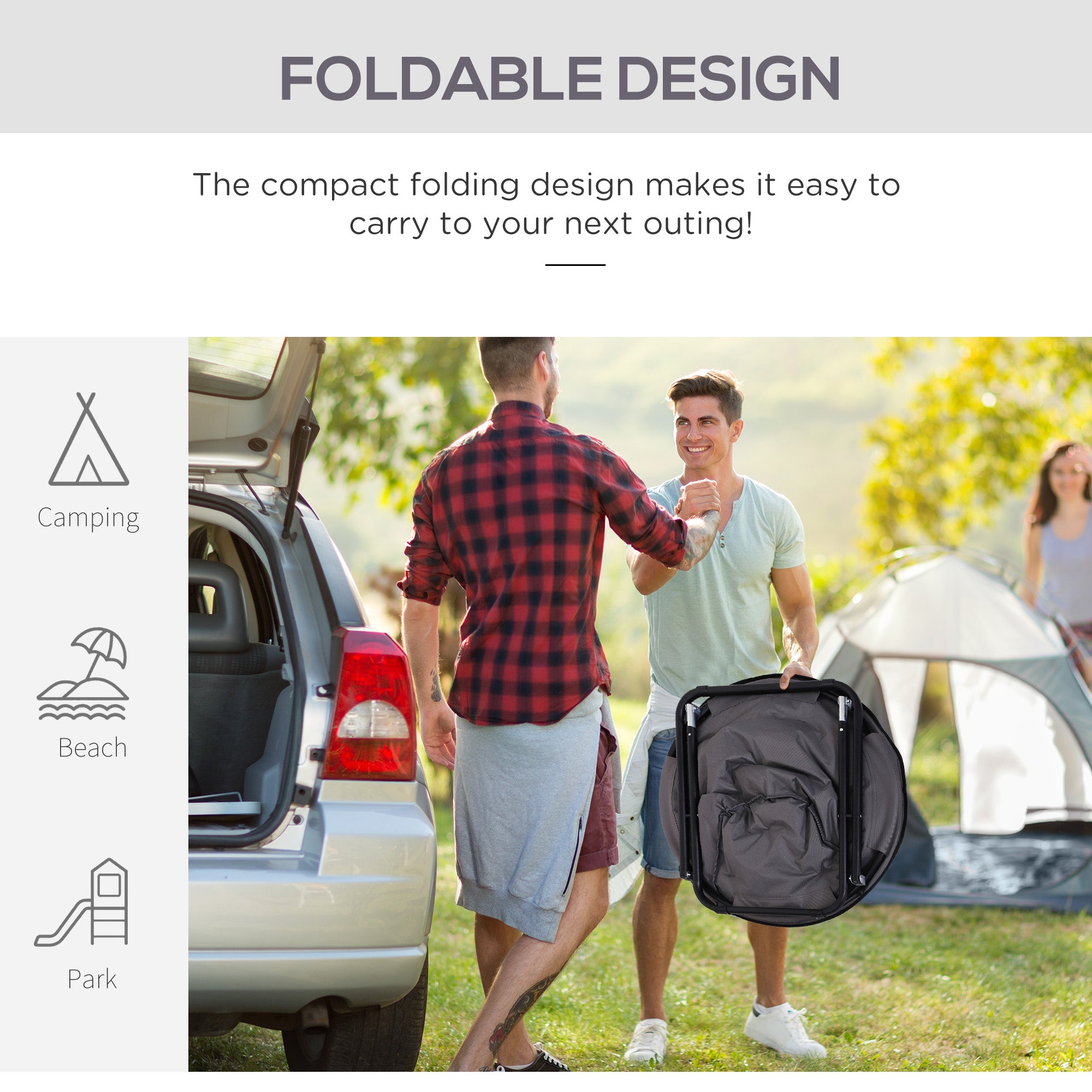 Outsunny Garden Folding Portable Padded Saucer Moon Chair Padded Round Outdoor Camping Travel Fishing Seat Grey - North Peak Garden Furniture