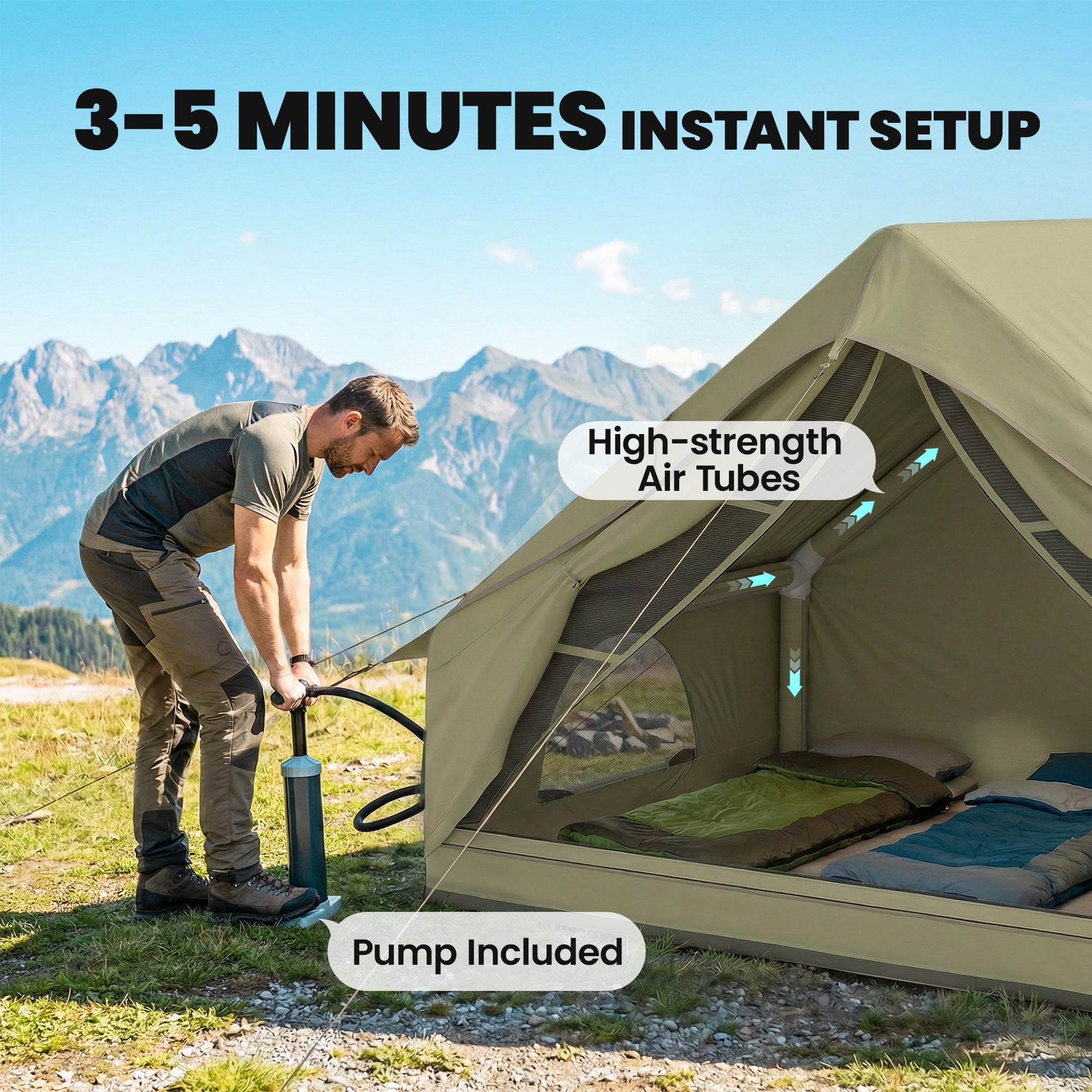 Outsunny Inflatable Tent Waterproof for Camping Blow Up Tent with Pump Carry Bag for 2-4 Person
