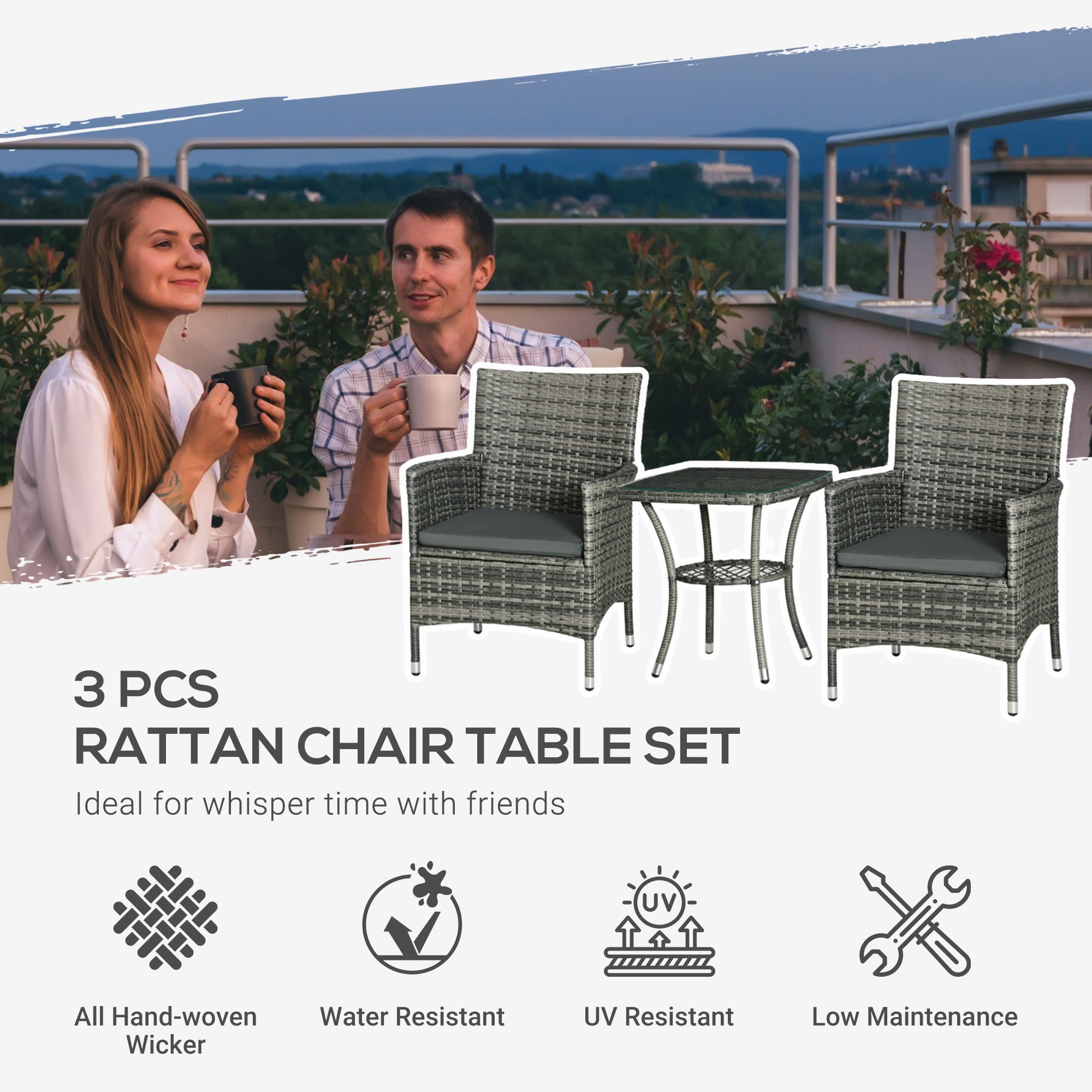 Outsunny 3 Pieces Rattan Bistro Set, Wicker Garden Furniture Set with 2-Tier Coffee Table and Chairs, Washable Cushions, for Outdoor Patio Balcony, Mixed Grey