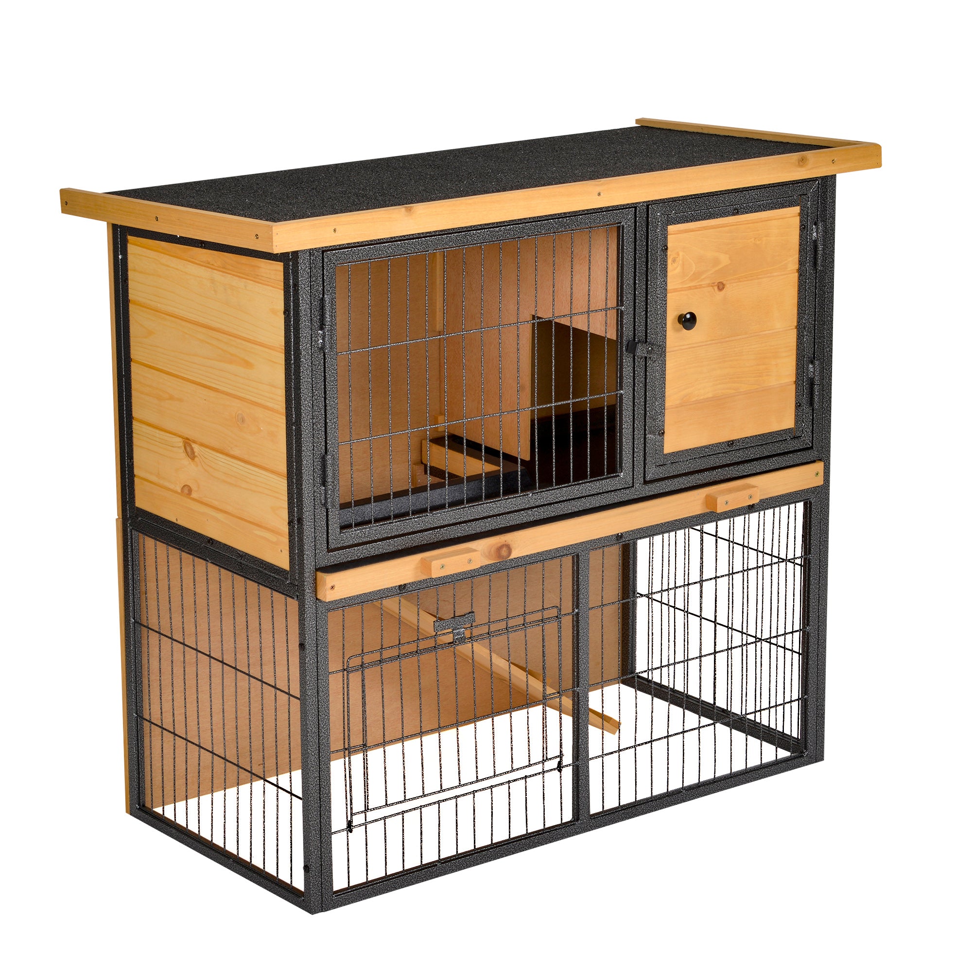 PawHut Wood-metal Rabbit Hutch Elevated Pet House Bunny Cage with Slide-Out Tray Asphalt Openable Roof Lockable Door Outdoor | Aosom UK