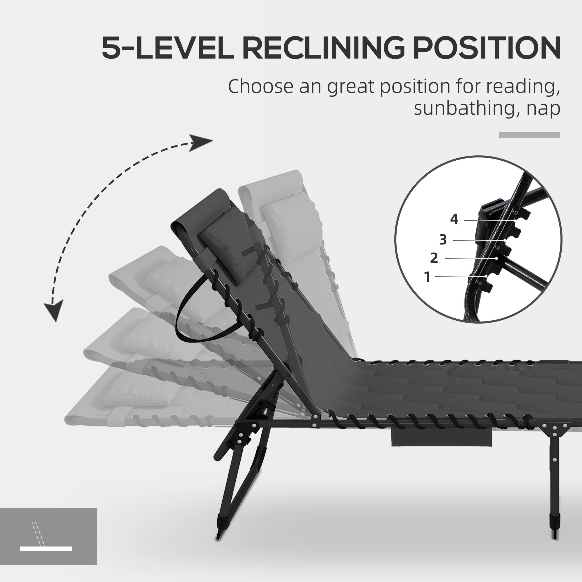 Outsunny Padded Sun Lounger, with Five-Position Reclining Back - Black - North Peak Garden Furniture