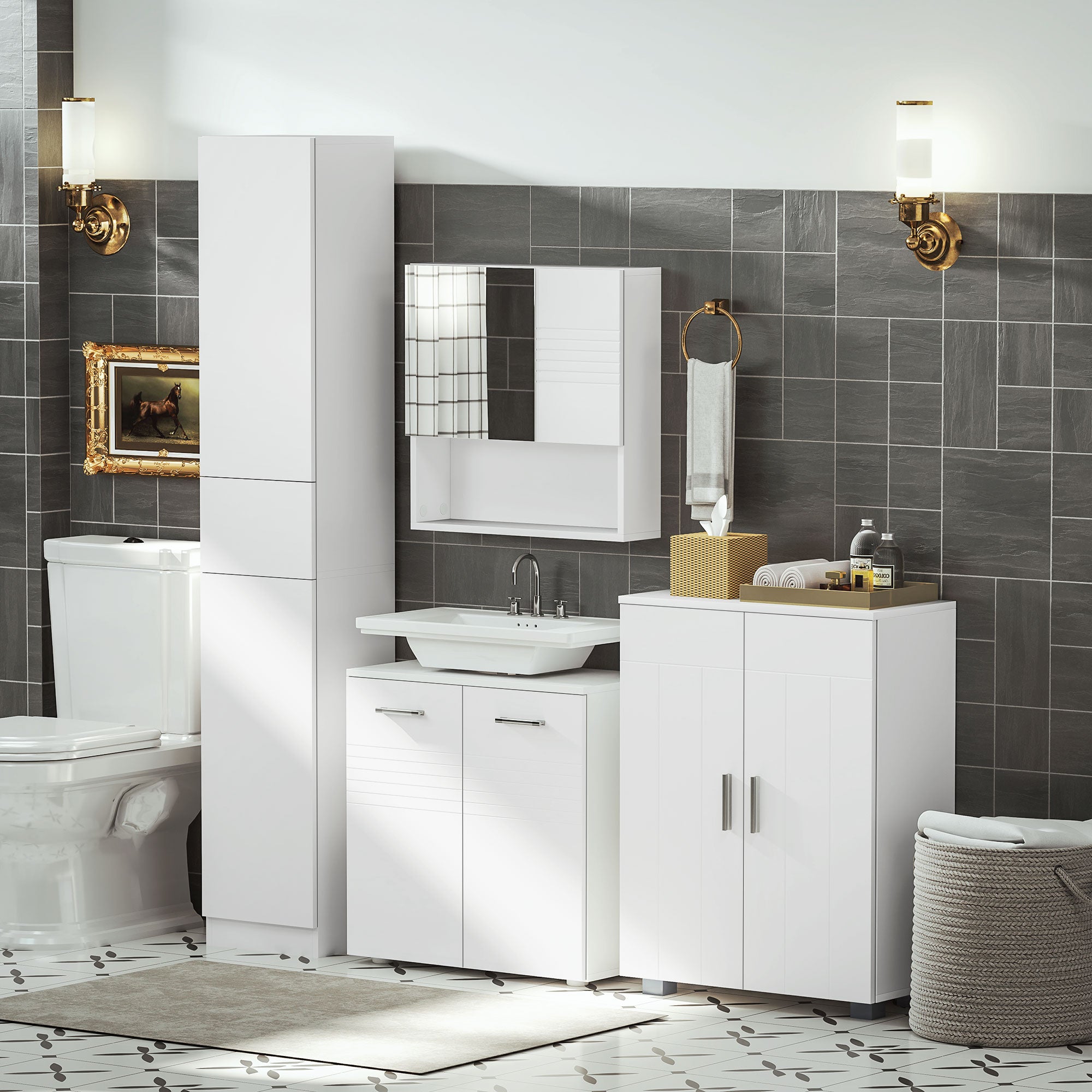 kleankin Modern Bathroom Floor Cabinet, Free Standing Linen Cabinet, Storage Cupboard with 3 Tier Shelves, White - North Peak Garden Furniture