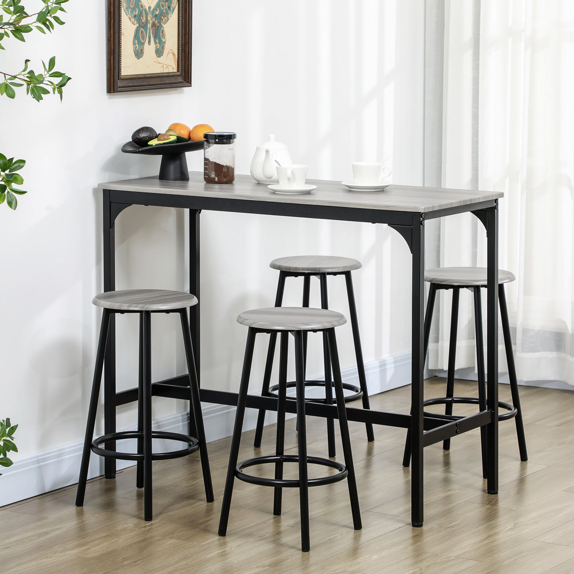 HOMCOM Five-Piece Industrial-Style Bar Table Set - Grey/Black - North Peak Garden Furniture