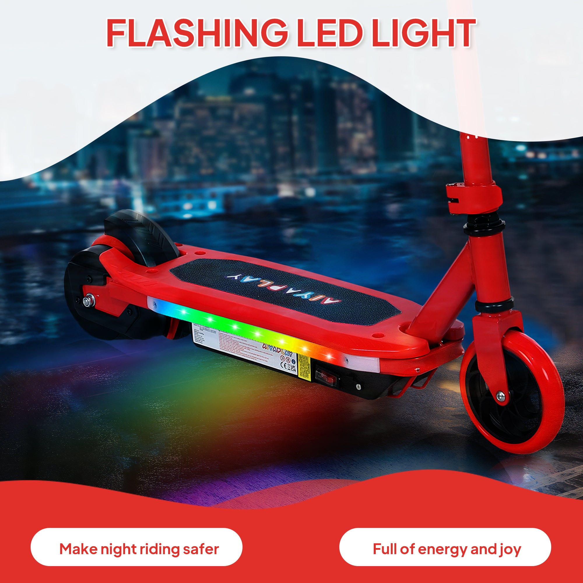 AIYAPLAY Electric Scooter for Ages 6-14, with Colourful Light and Electric Brake, Electric Scooter E Scooter, Up to 10 KM/H & 8 KM, Red - North Peak Garden Furniture