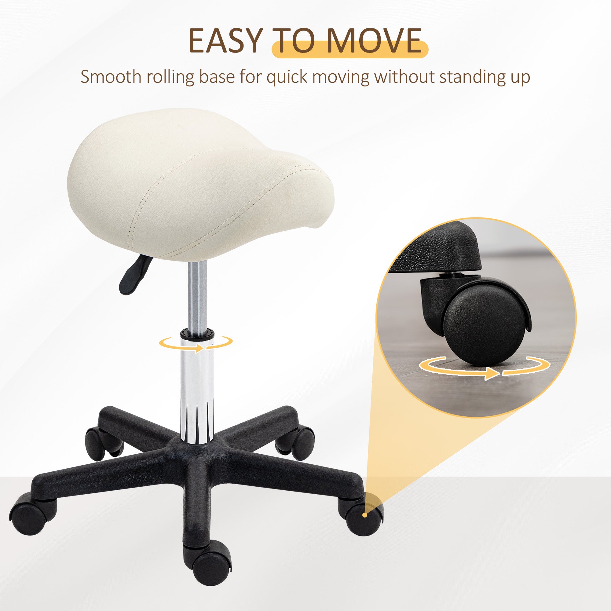 HOMCOM Saddle Stool, PU Leather Adjustable Rolling Salon Chair with Steel Frame for Massage, Spa, Beauty and Tattoo, White - North Peak Garden Furniture
