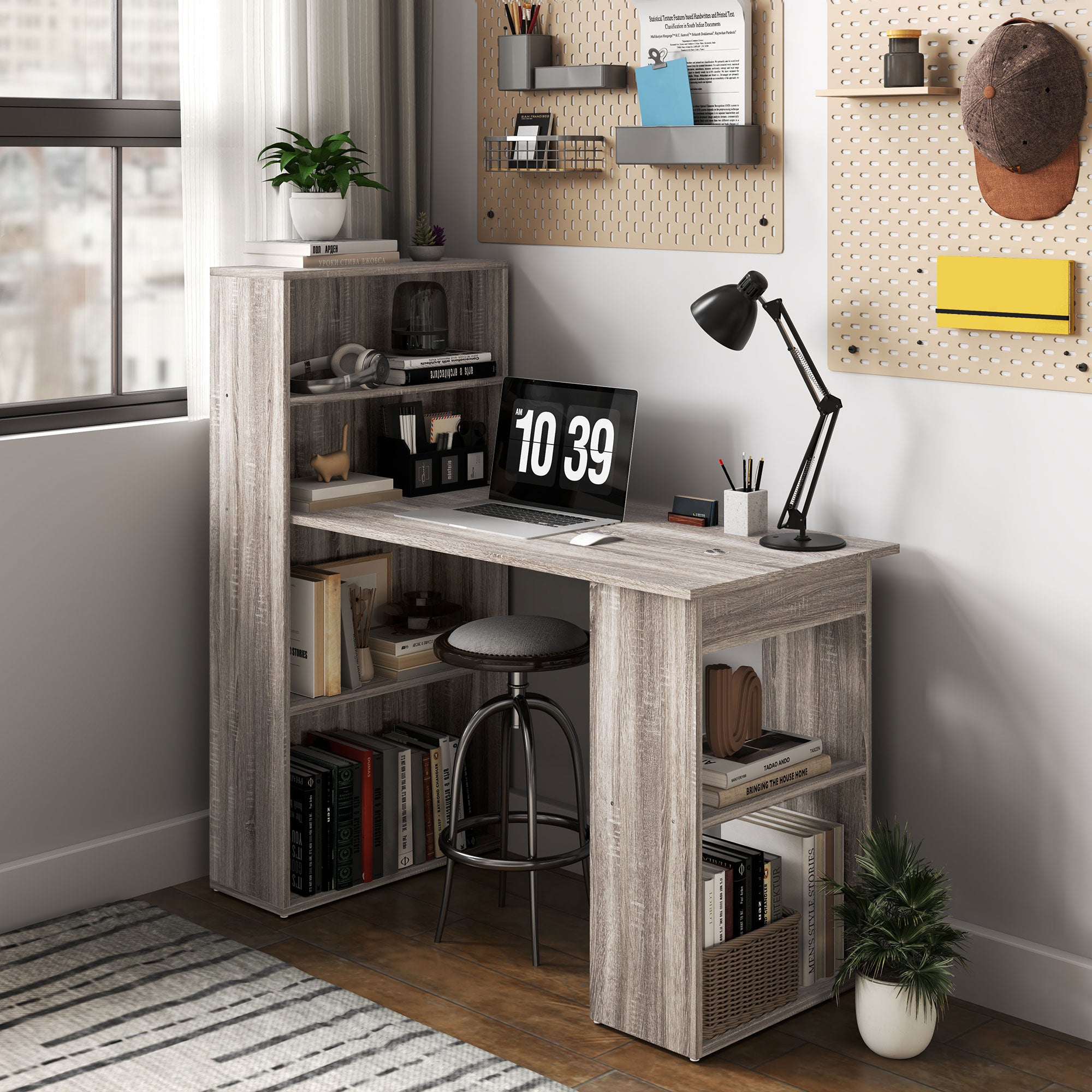 HOMCOM 120cm Modern Computer Desk Bookshelf Study Table Workstation PC Laptop Writing Home Office 6 Shelves, Grey Wood-Effect - North Peak Garden Furniture