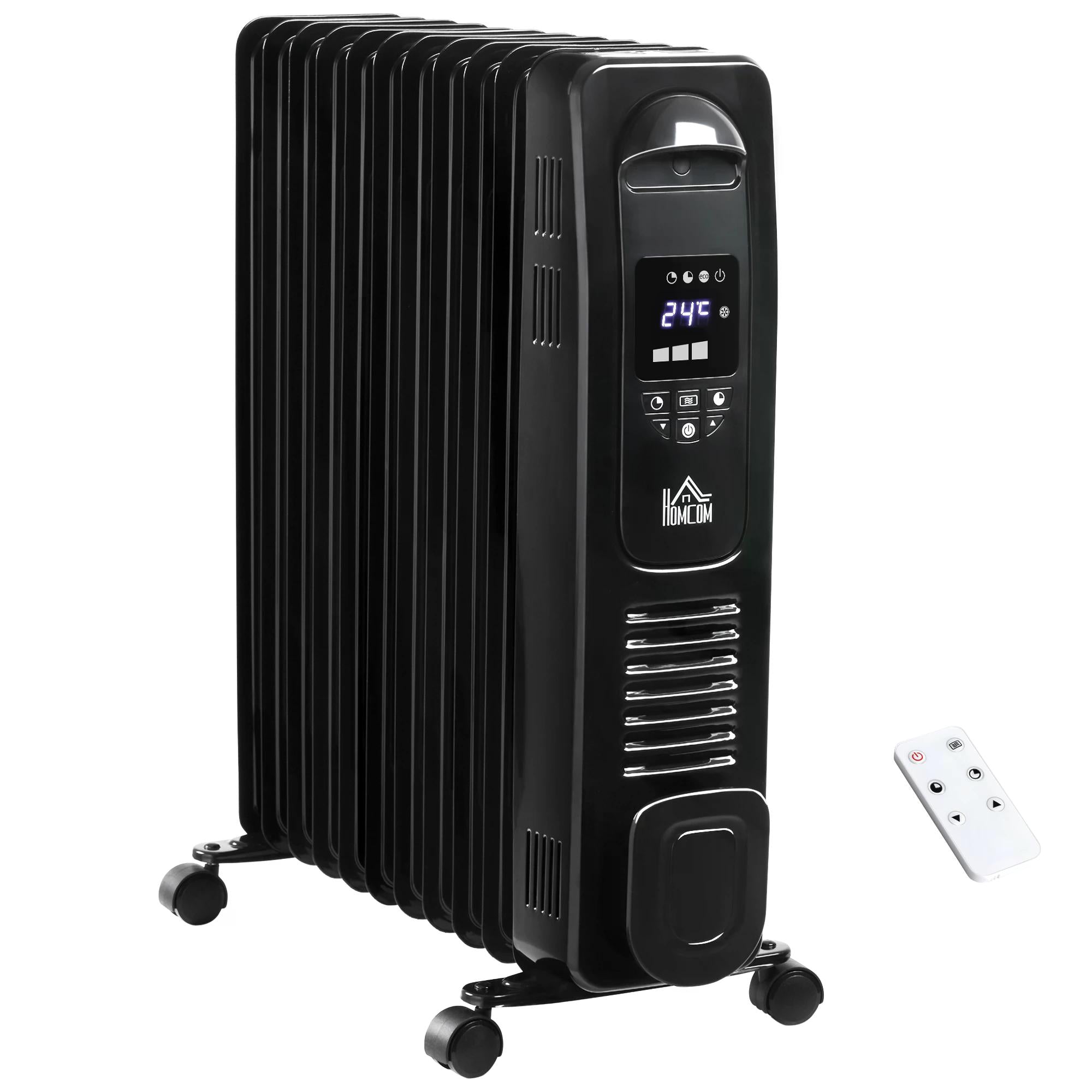 HOMCOM 2500W Digital Display Oil Filled Radiator, 11Fin Portable Electric Heater with Timer, Adjustable Thermostat, Three Heat settings, Safety Cut Off, Remote, Black