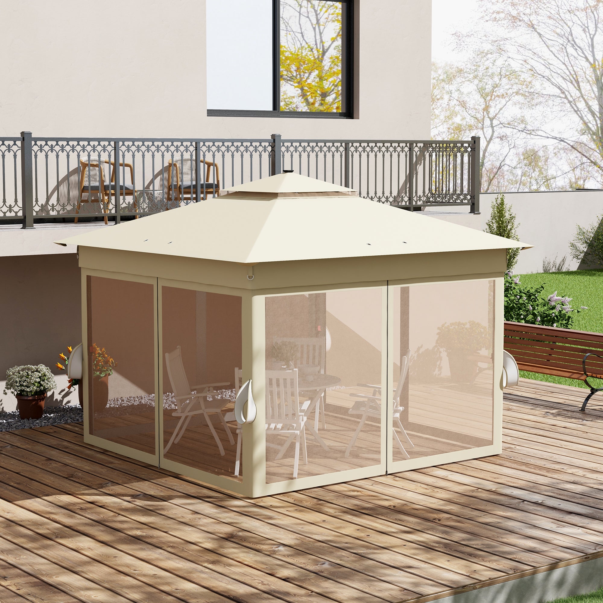 Outsunny 3 x 3(m) Pop Up Gazebo Party Tent with Solar-Powered LED Lights, Adjustable Event Shelter with Netting, Khaki - North Peak Garden Furniture