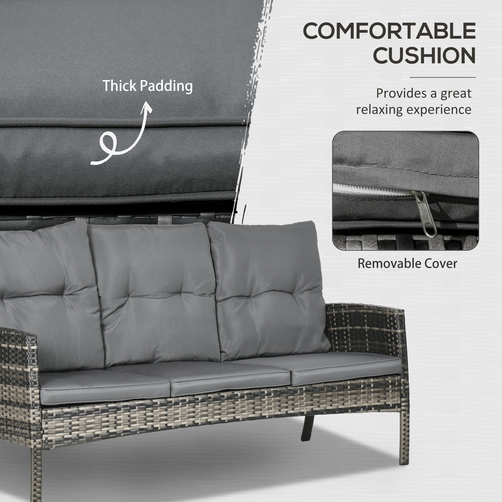 Outsunny 5 Seater Rattan Garden Furniture Set, 2 Armchairs, 3-seater Wicker Sofa, 2 Footstools and Glass Table, 6 Piece Patio Rattan furniture Sofa Sets with Cushions for Conservatory, Grey - North Peak Garden Furniture