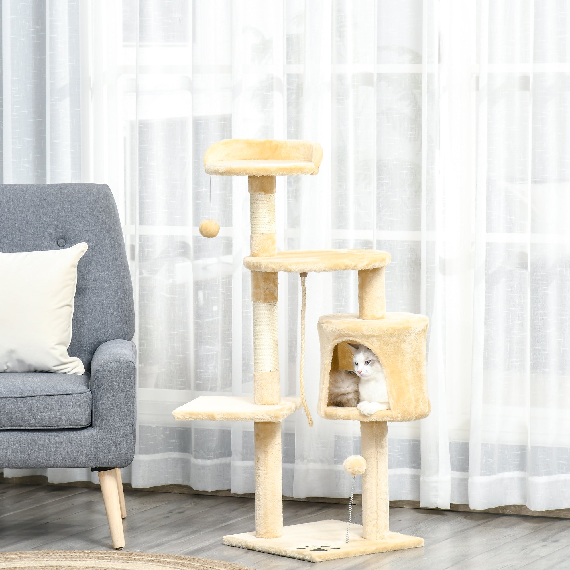 PawHut Cat Tree House, Multi-Level Activity Centre with Scratching Posts, 114 cm High, Beige