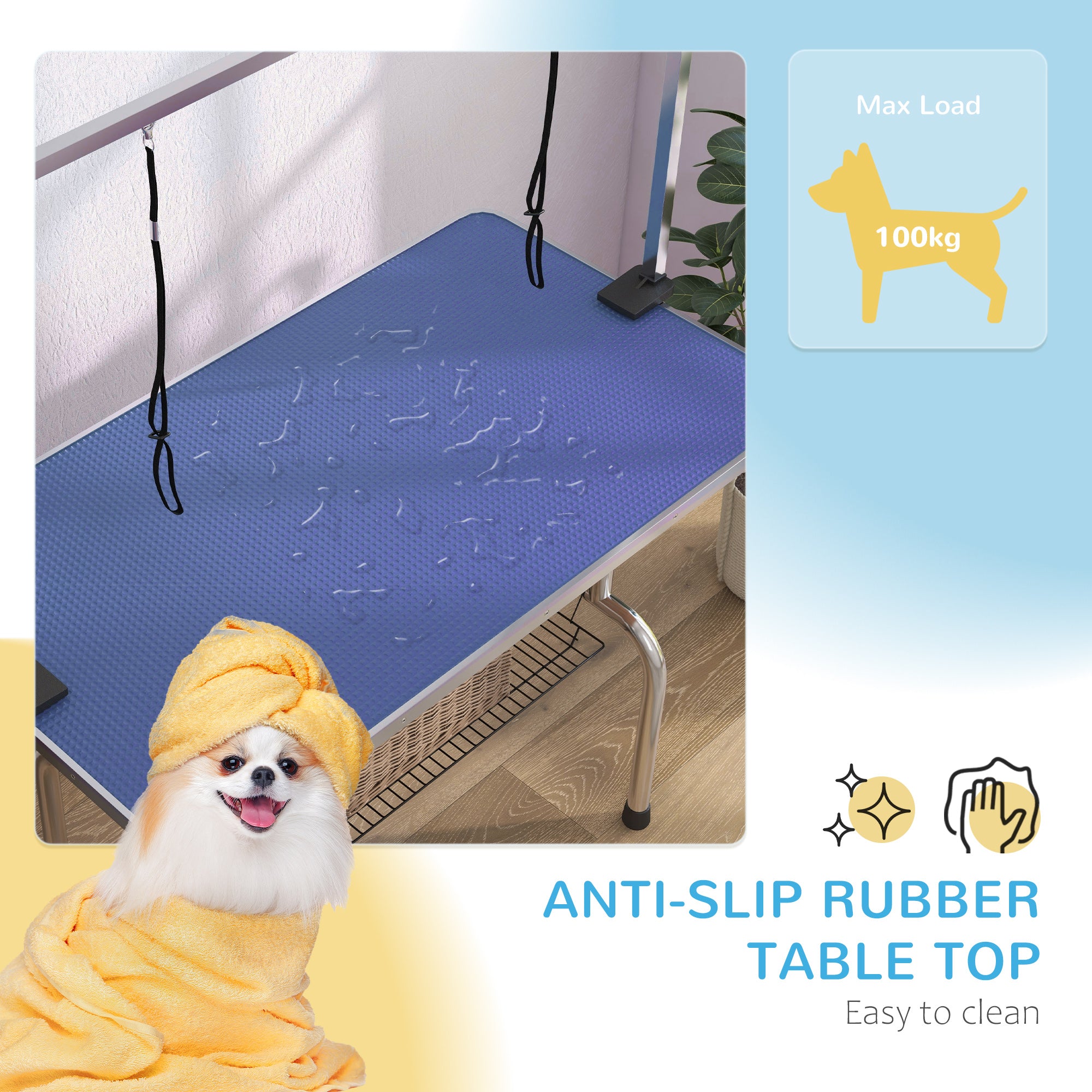 PawHut 42" Dog Grooming Table Adjustable Pet Cat Drying Beauty Table Rubber Top with 2 Loops Storage Basket Metal Blue