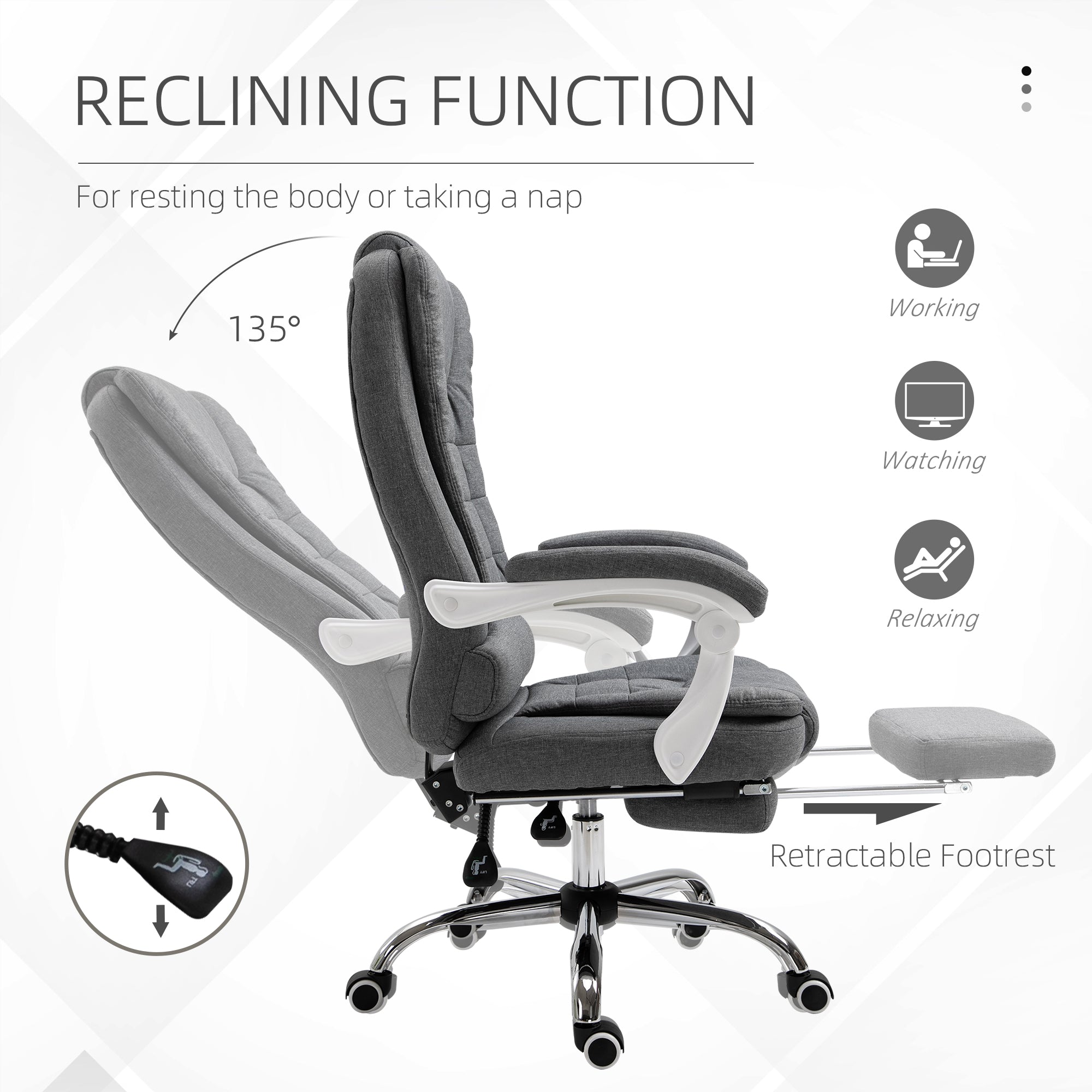 Vinsetto Office Chair, Computer Desk Chair, Linen Fabric Swivel Rolling Task Chair with Large Soft Padded Cushion, 135° Reclining Backrest and Retractable Footrest, Grey - North Peak Garden Furniture