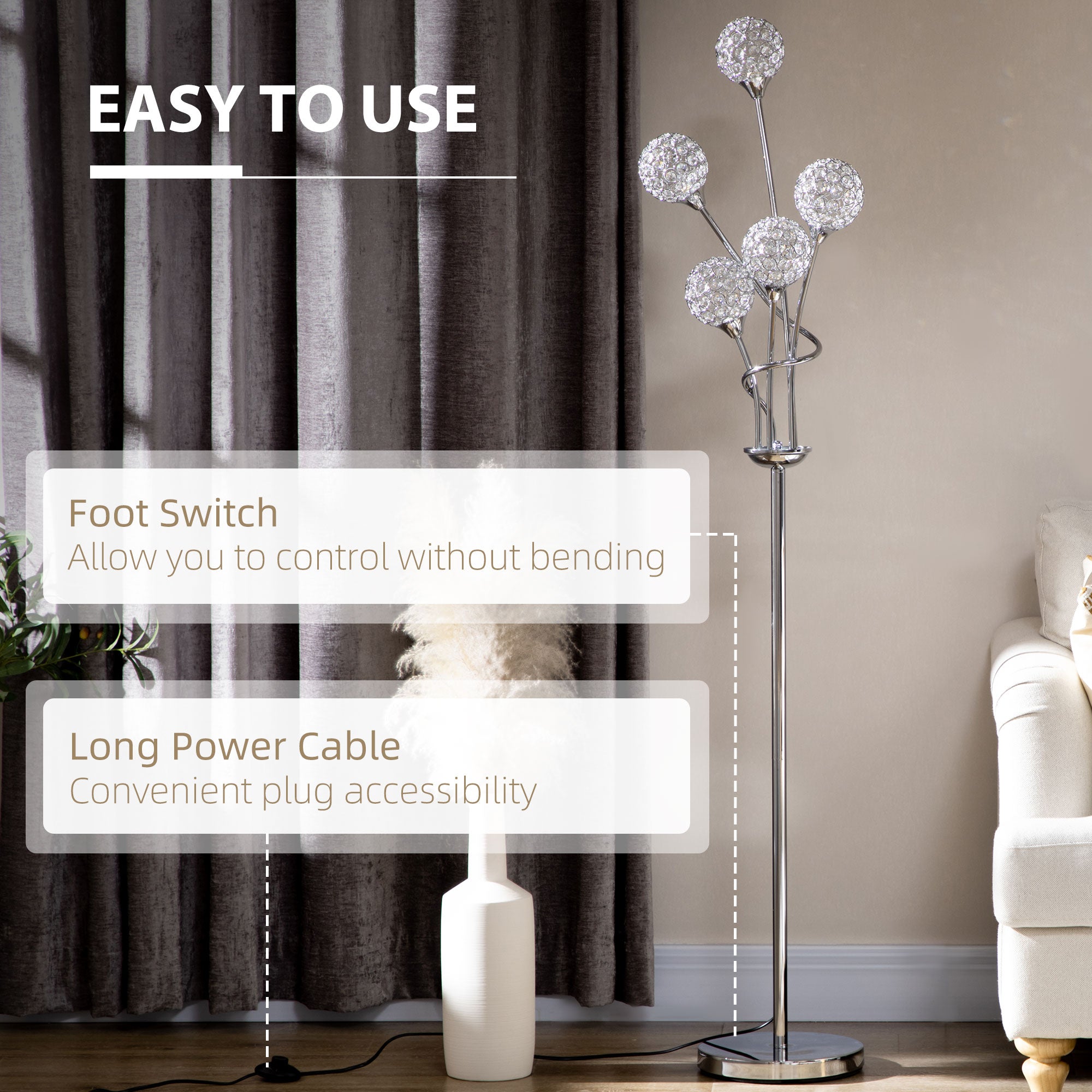 HOMCOM Crystal Floor Lamps for Living Room Bedroom with 5 Light, Modern Upright Standing Lamp, 34x25x156cm, Silver - North Peak Garden Furniture