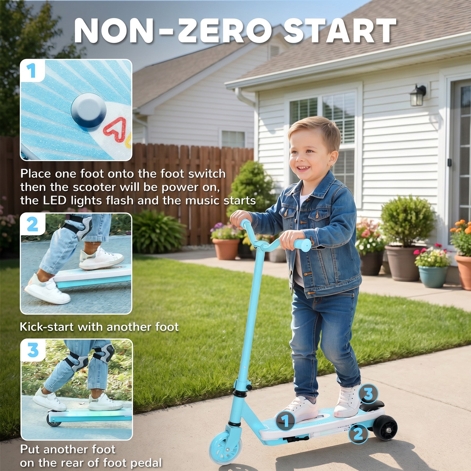 AIYAPLAY Electric Scooter for Kids Ages 4-7, with Auxiliary Rear Wheels, Flashing LED Light and Electric Brake, Kids Electric Scooter for Boys Girls, 6 KM/H & 8 KM, Blue