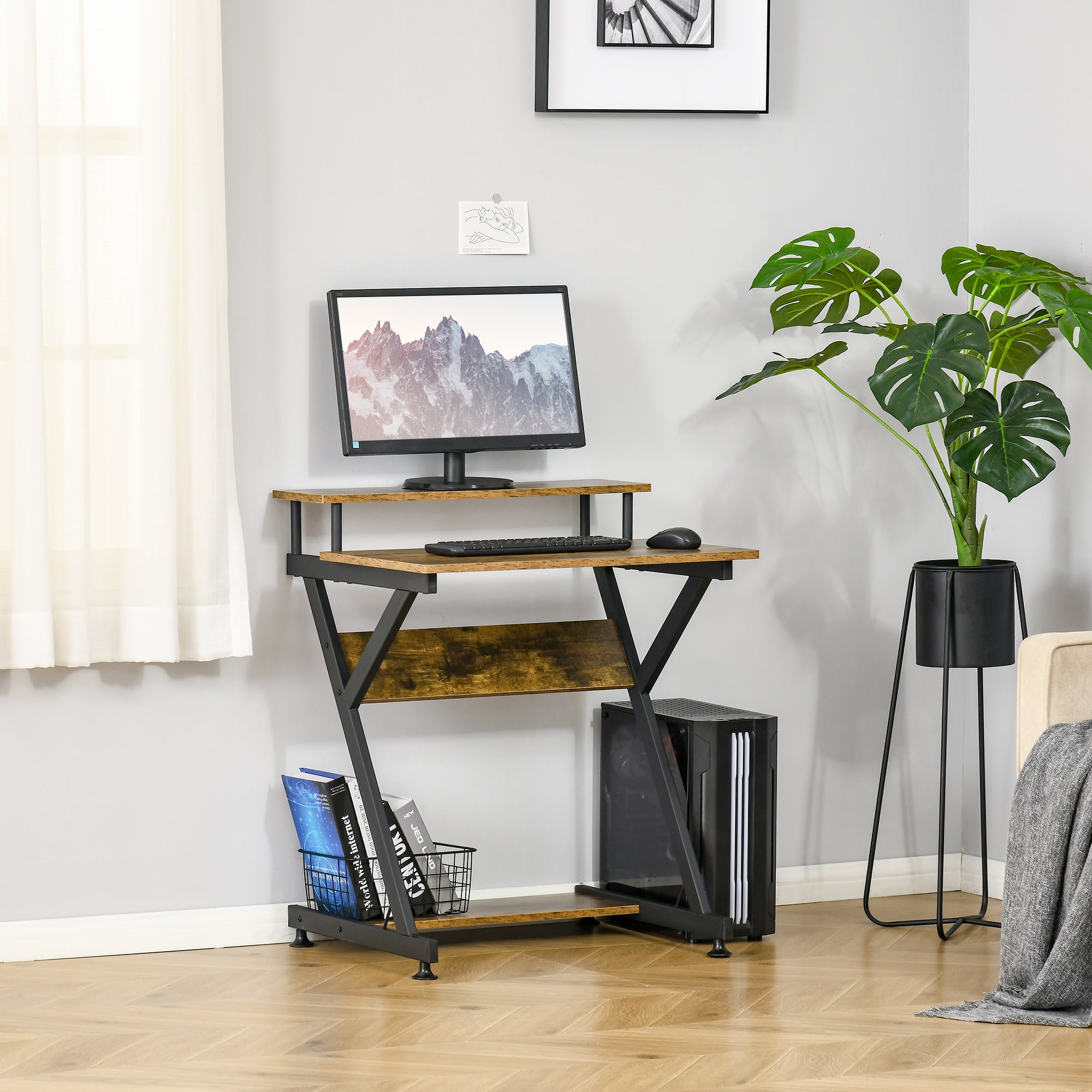 HOMCOM Industrial Computer Desk with Monitor Stand, 70 x 60cm Compact Desk for Small Spaces, Home Office Desk, Rustic Brown - North Peak Garden Furniture