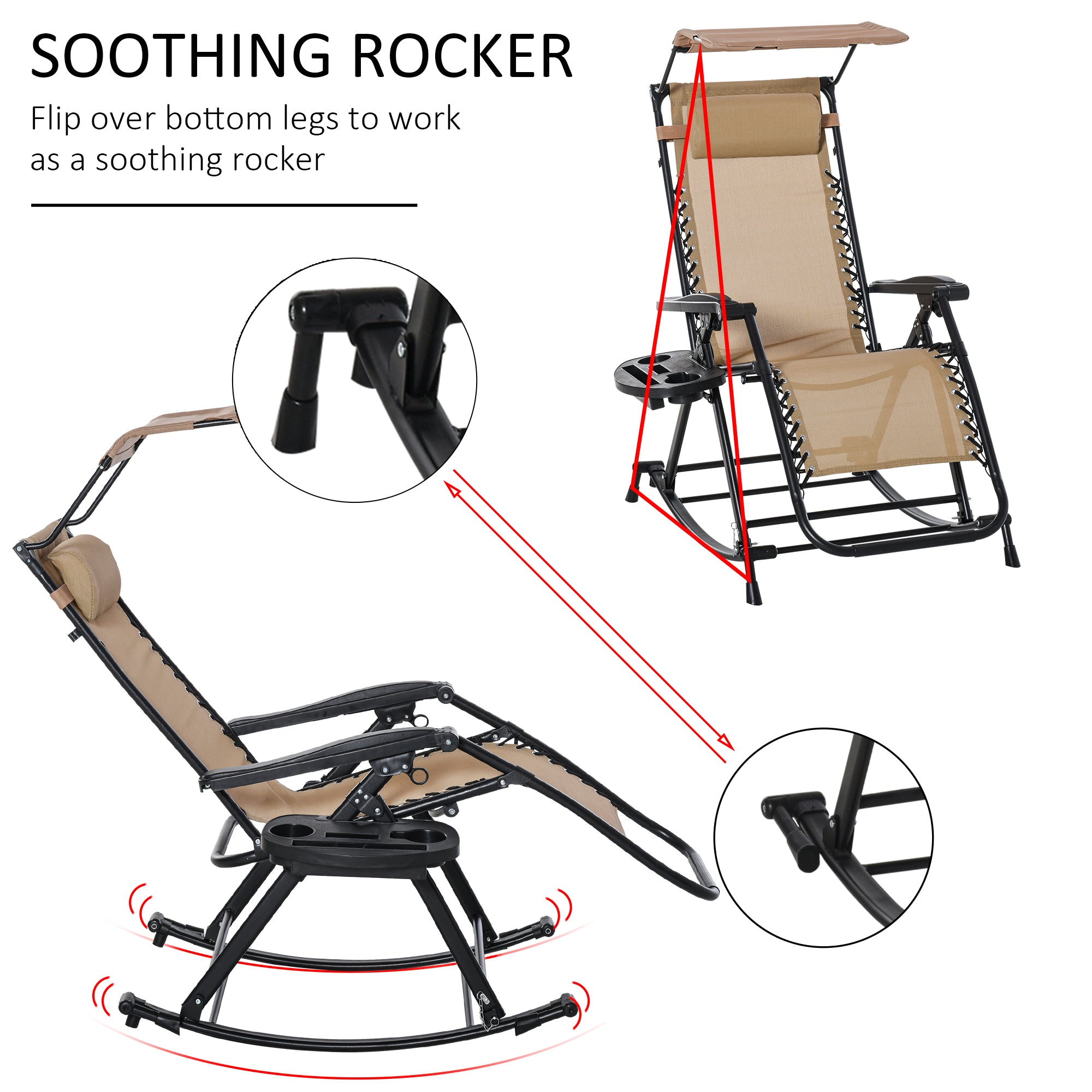 Outsunny Garden Rocking Chair Folding Recliner Outdoor Adjustable Sun Lounger Rocker Zero-Gravity Seat with Headrest Side Holder Patio Deck - Beige - North Peak Garden Furniture