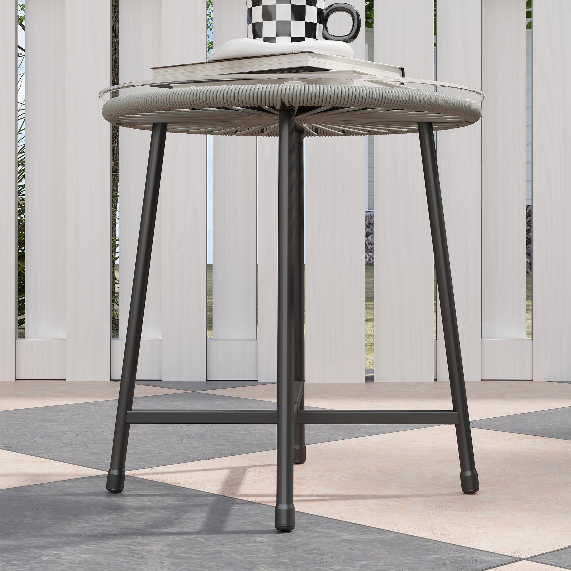 Outsunny 3 Pieces Rattan Bistro Set, Wicker Small Garden Table and Chairs Set with Cushions and Glass Top Coffee Table, Bistro Garden Furniture Set for Outdoor, Patio, Balcony, Light Grey - North Peak Garden Furniture