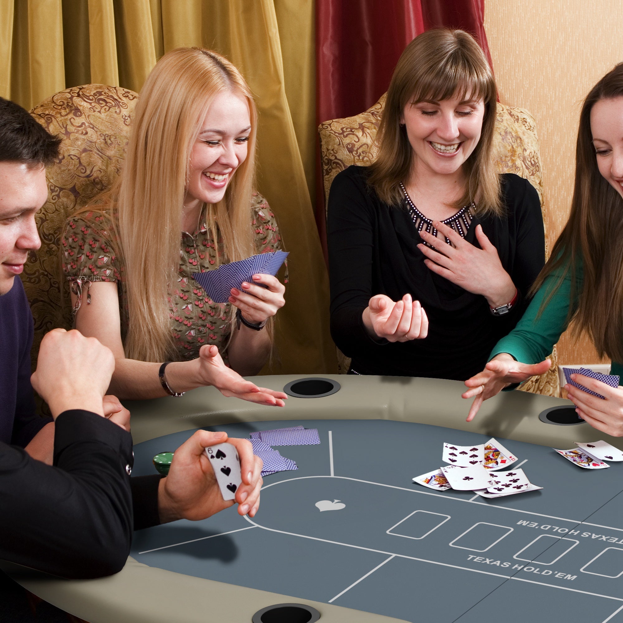 SPORTNOW 10 Player Folding Poker Table, with Cup Holders, Cushioning Edge, Brown and Blue - North Peak Garden Furniture