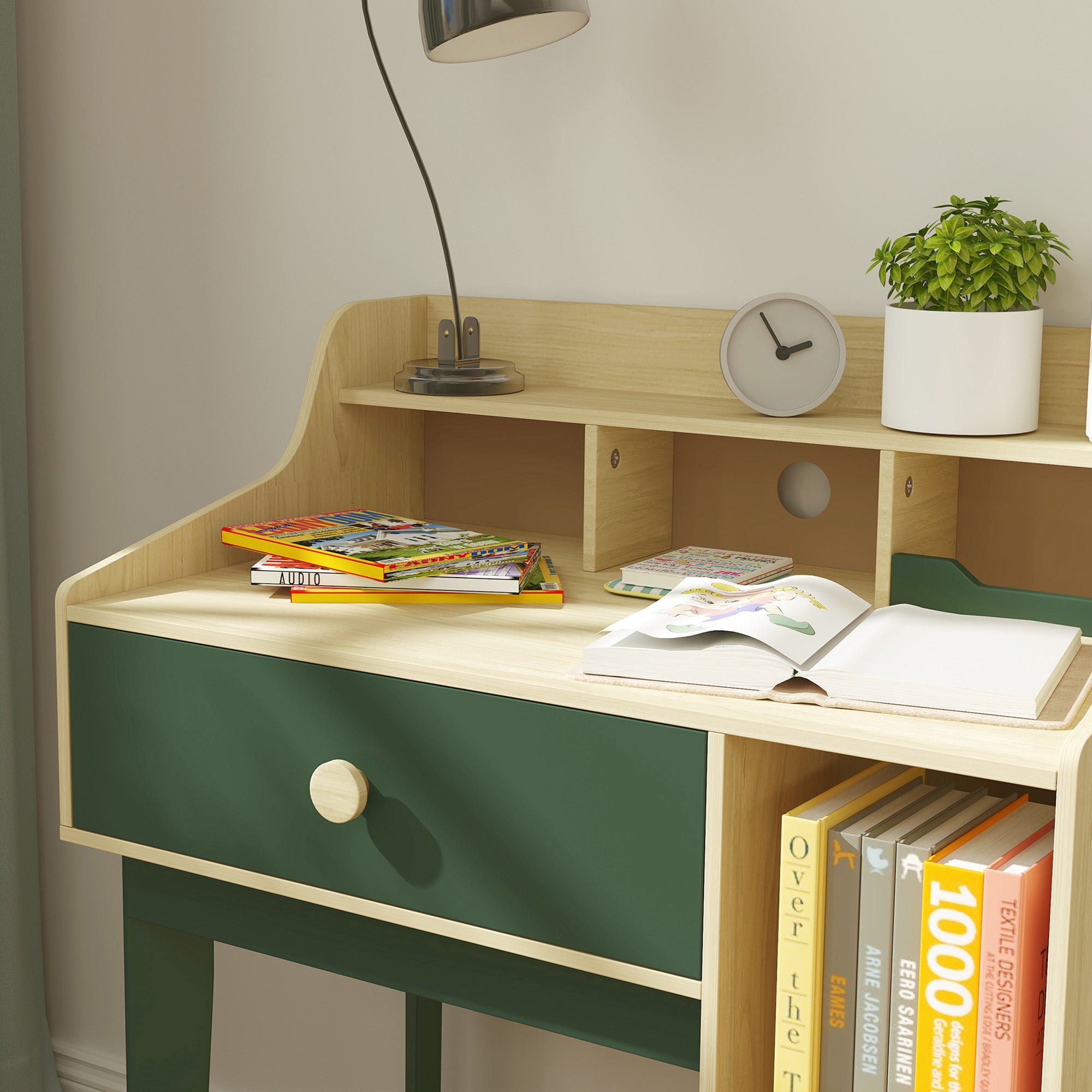 AIYAPLAY Kids Desk and Chair Set with Storage Shelves and Drawer, Green - North Peak Garden Furniture