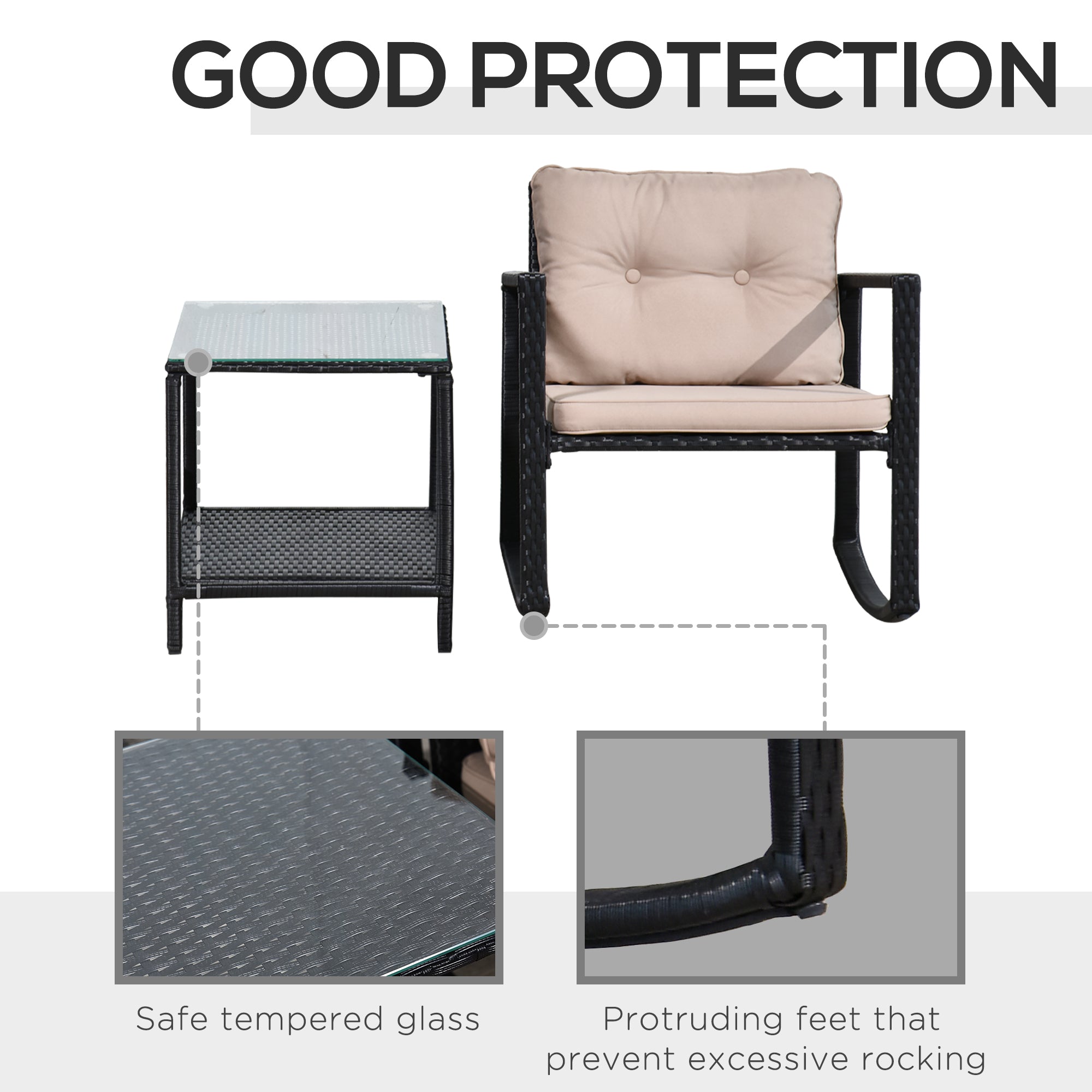Outsunny 3 Pieces Rattan Garden Rocking Chair Set, Outdoor Rocking Bistro Set w/ 2 Cushioned Armchair and Glass Top Two-tier Coffee Table, Black - North Peak Garden Furniture