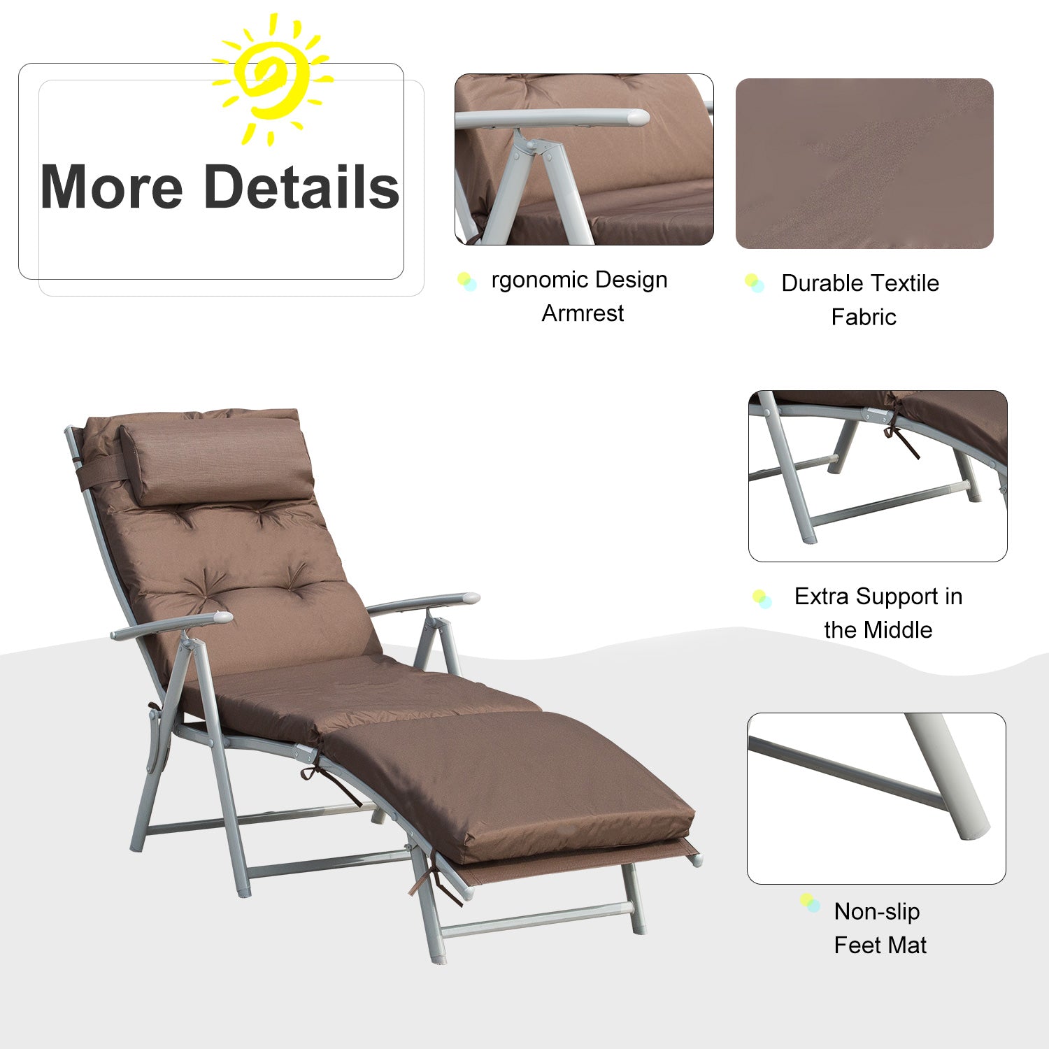 Outsunny Garden Sun Lounger, Foldable Reclining Chair with Pillow and Adjustable Back, Texteline Fabric, Brown