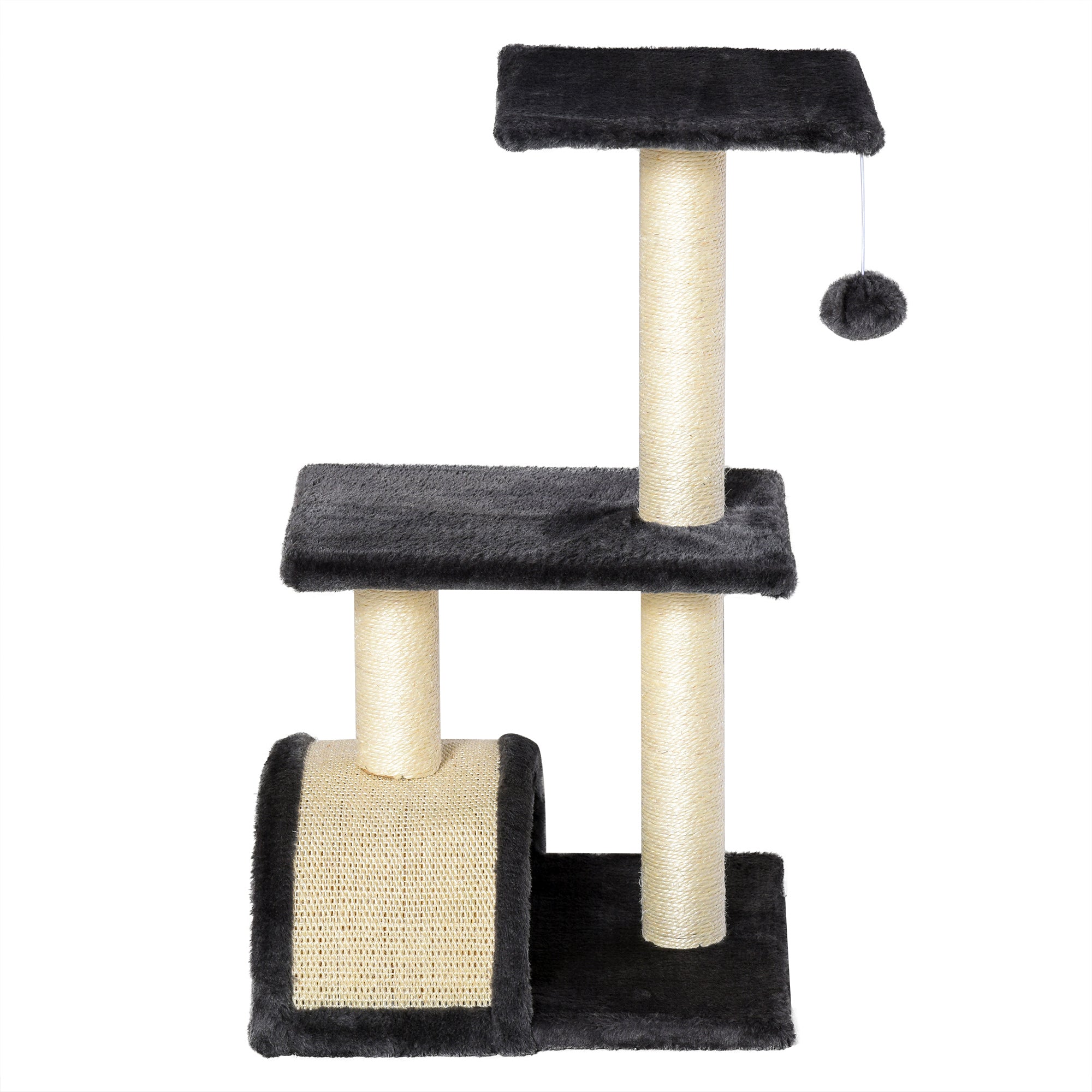 PawHut Cat Tree Tower, 72cm Climbing Activity Centre for Kittens, with Sisal Scratching Post, Pad Arc Perch, and Hanging Ball Toy, Grey