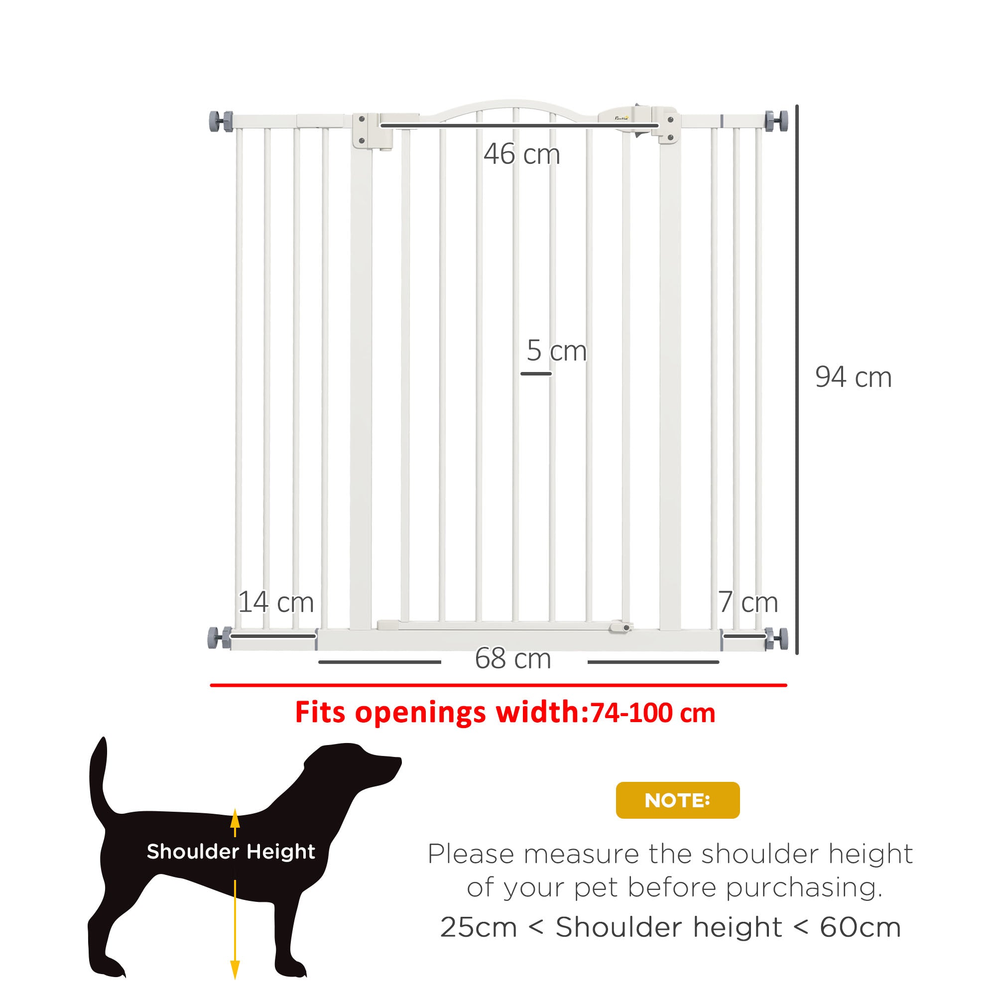 PawHut Pressure Fit Dog Stair Gate No Drilling Safety Gate Auto Close for Doorways, Hallways, 74-100cm Adjustable, 94cm Tall, White