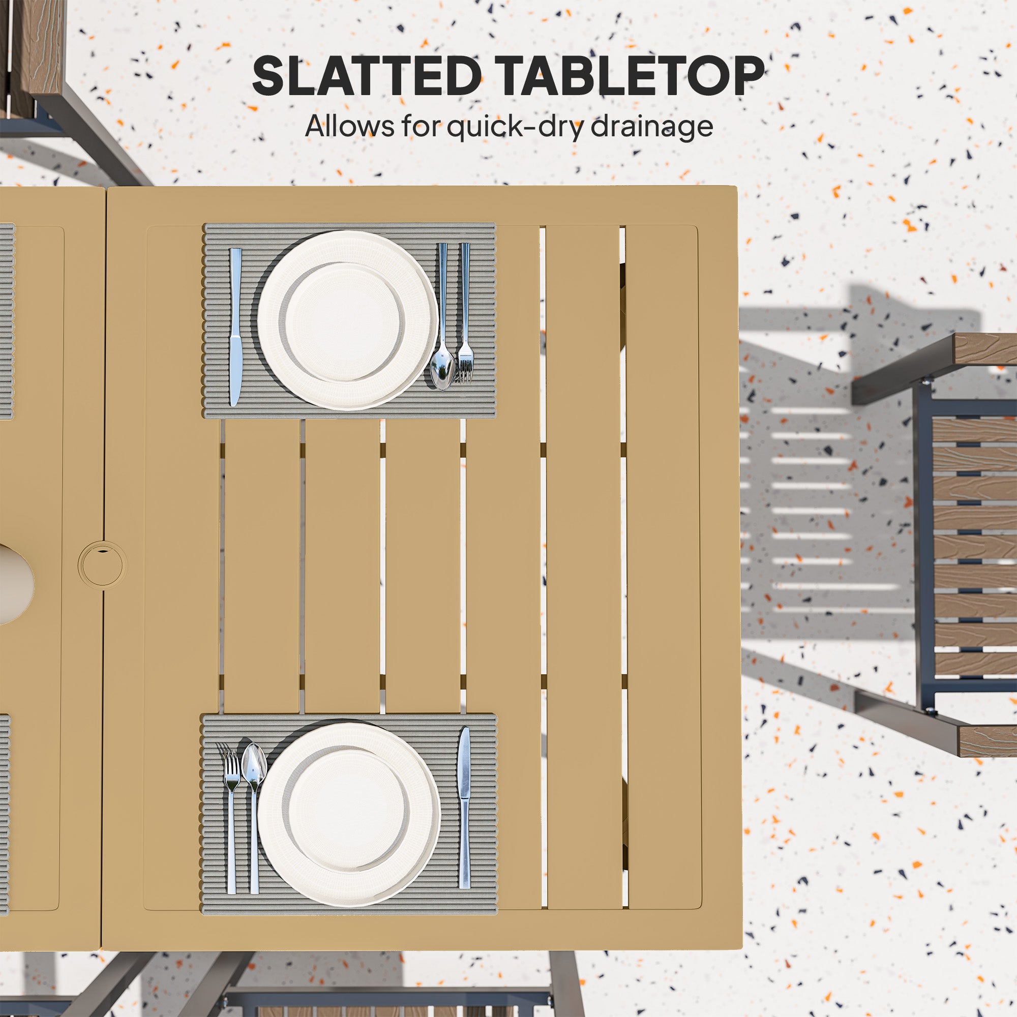Outsunny Garden Dining Table for 6 Person, Rectangle Outdoor Coffee Table with 5 cm Parasol Hole, Slatted Tabletop and Steel Frame for Patio Balcony, Brown - North Peak Garden Furniture
