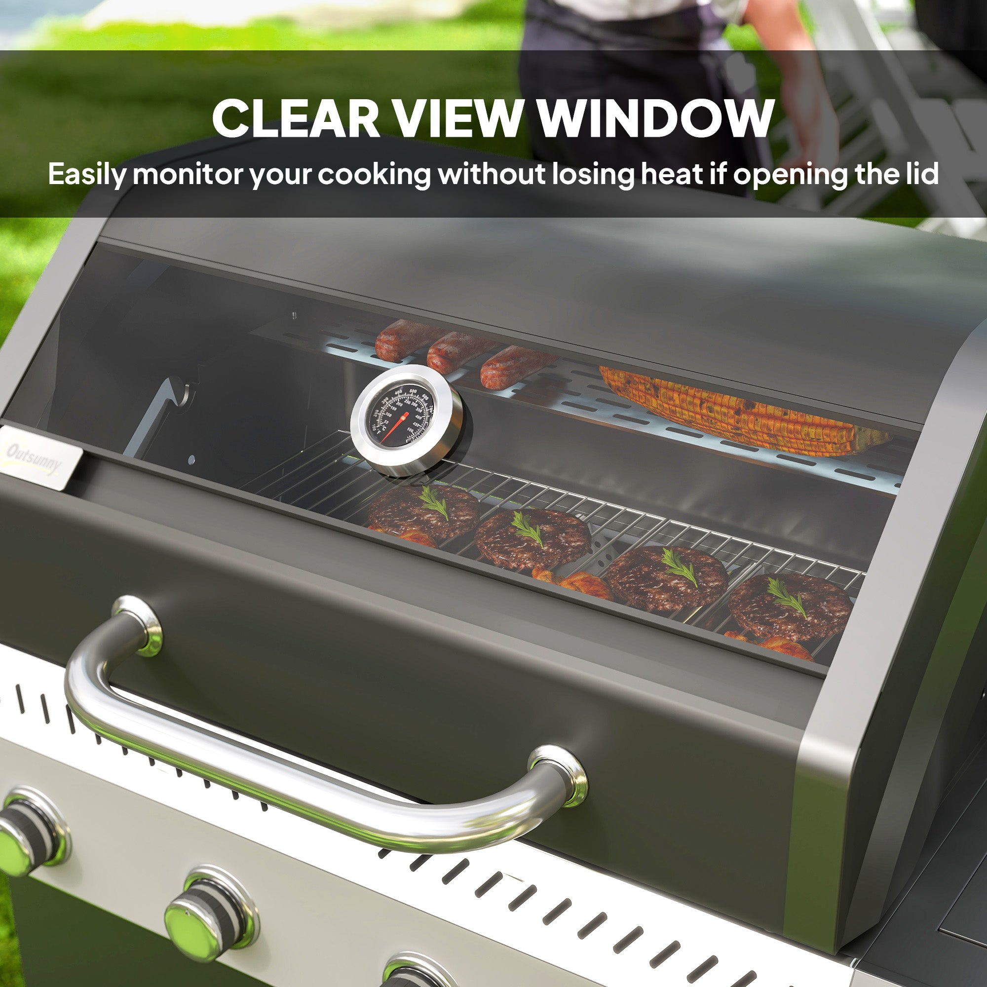 Outsunny 4+1 Burner Gas BBQ Grill with Clear View Lid, Portable Gas Barbecue Grill with Built-in Thermometer, Side Table, Cabinet, Wheels, Grease Tray for Garden Party Outdoor Cooking, Black - North Peak Garden Furniture