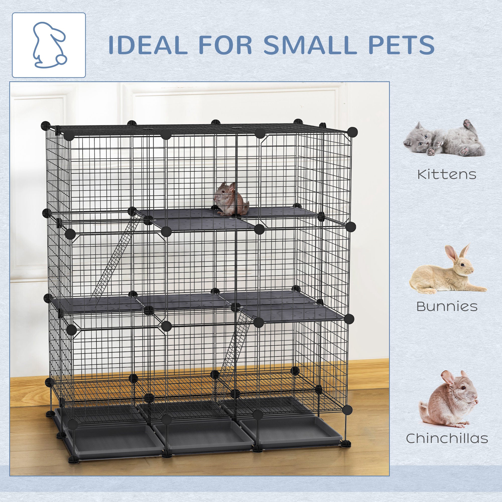 PawHut 3 Level DIY Pet Playpen Metal Small Animal Cage Rabbit Ferret Chinchillas Cage 4 Doors Bottom Trays Black - North Peak Garden Furniture