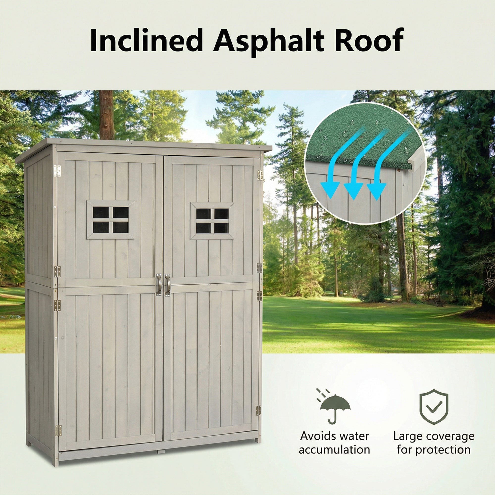 Outsunny Wooden Garden Shed with Two Windows, Tool Storage Cabinet, Outdoor Double Door Organizer 127.5L x 50W x 164H cm, Grey
