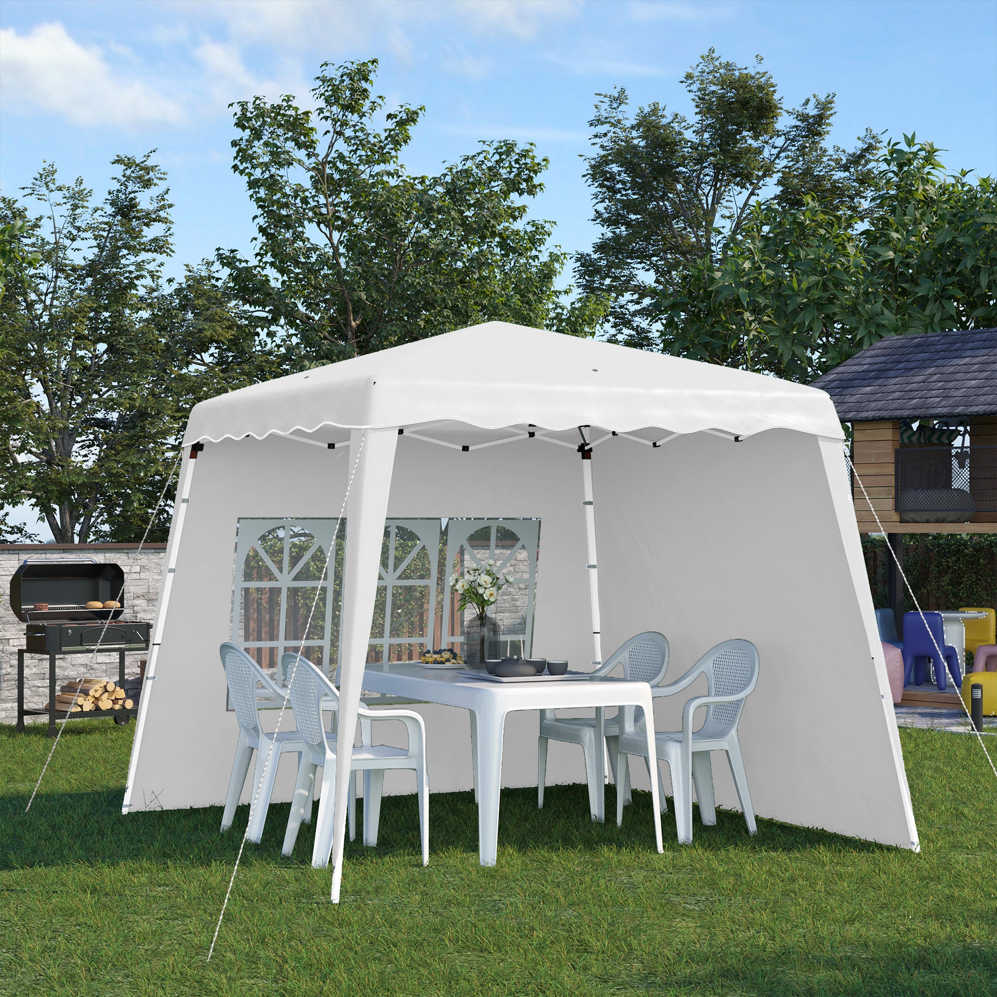 Outsunny Pop Up Gazebo with 2 Sides, Slant Legs and Carry Bag, Height Adjustable UV50+ Party Tent Event Shelter for Garden, Patio, 2.4 x 2.4m Top / 2.9 x 2.9m Base, White - North Peak Garden Furniture